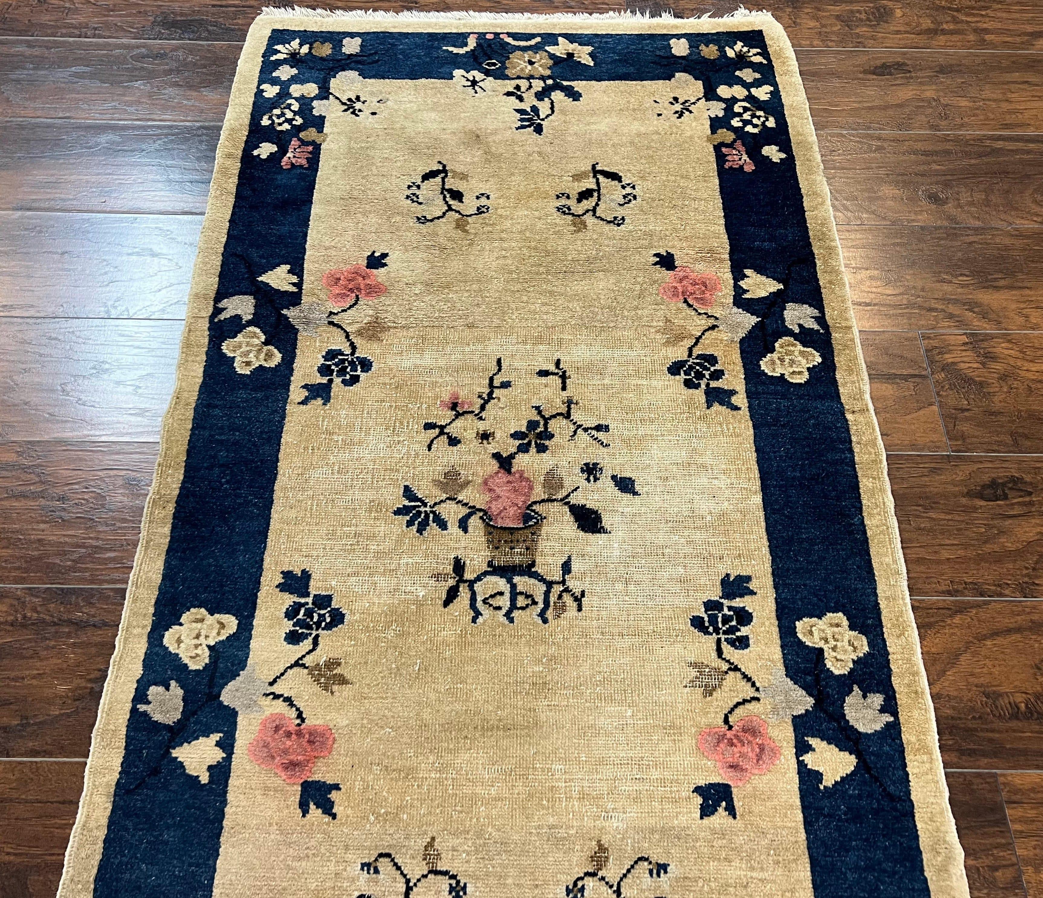 Antique Chinese Peking Rug 3x6, Beige and Dark Blue Hand Knotted Handmade Asian Oriental Carpet, Floral Vases, Vintage Wool Art Deco Rug - Image 11