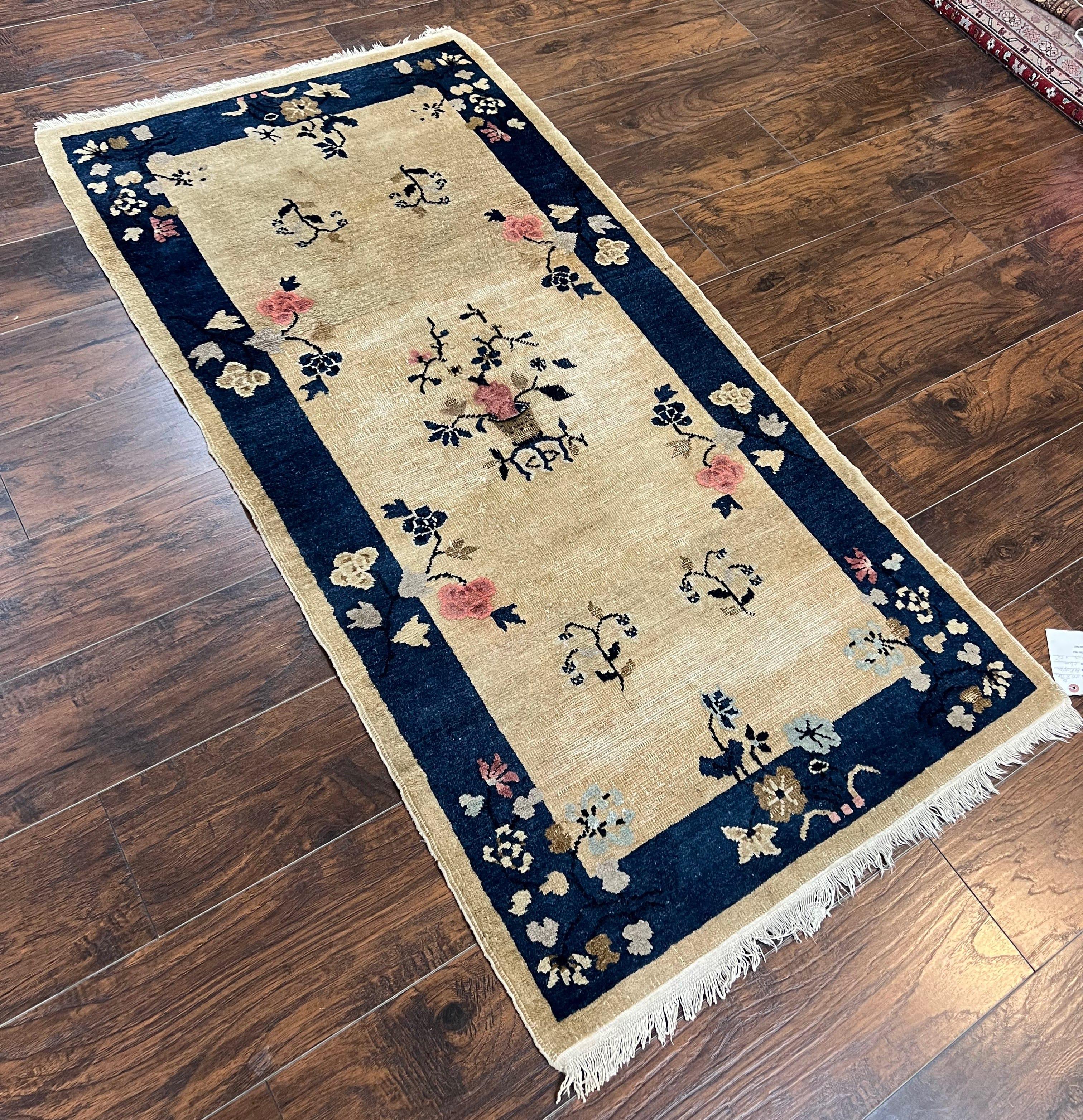 Antique Chinese Peking Rug 3x6, Beige and Dark Blue Hand Knotted Handmade Asian Oriental Carpet, Floral Vases, Vintage Wool Art Deco Rug - Image 12