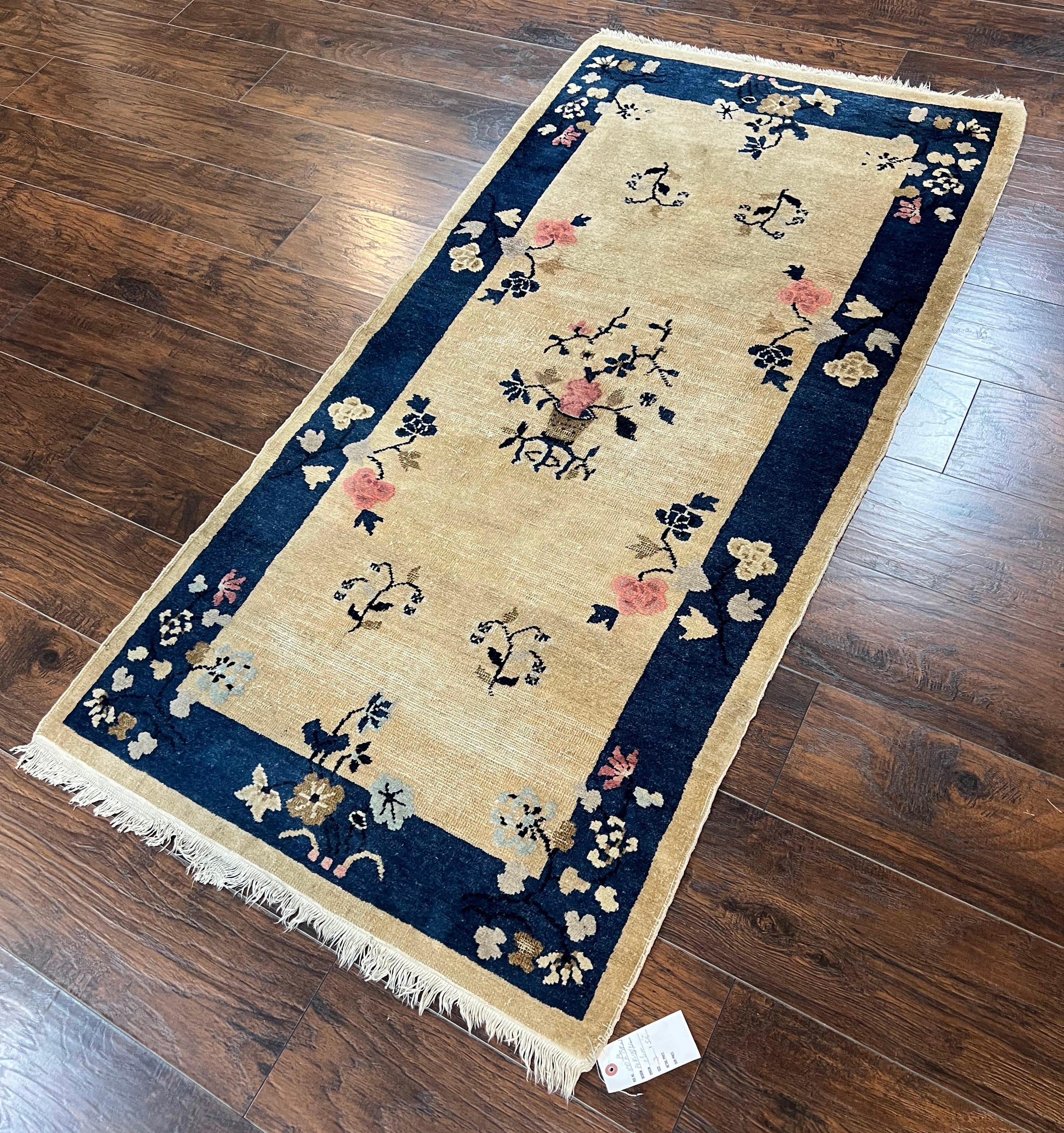 Antique Chinese Peking Rug 3x6, Beige and Dark Blue Hand Knotted Handmade Asian Oriental Carpet, Floral Vases, Vintage Wool Art Deco Rug - Image 2