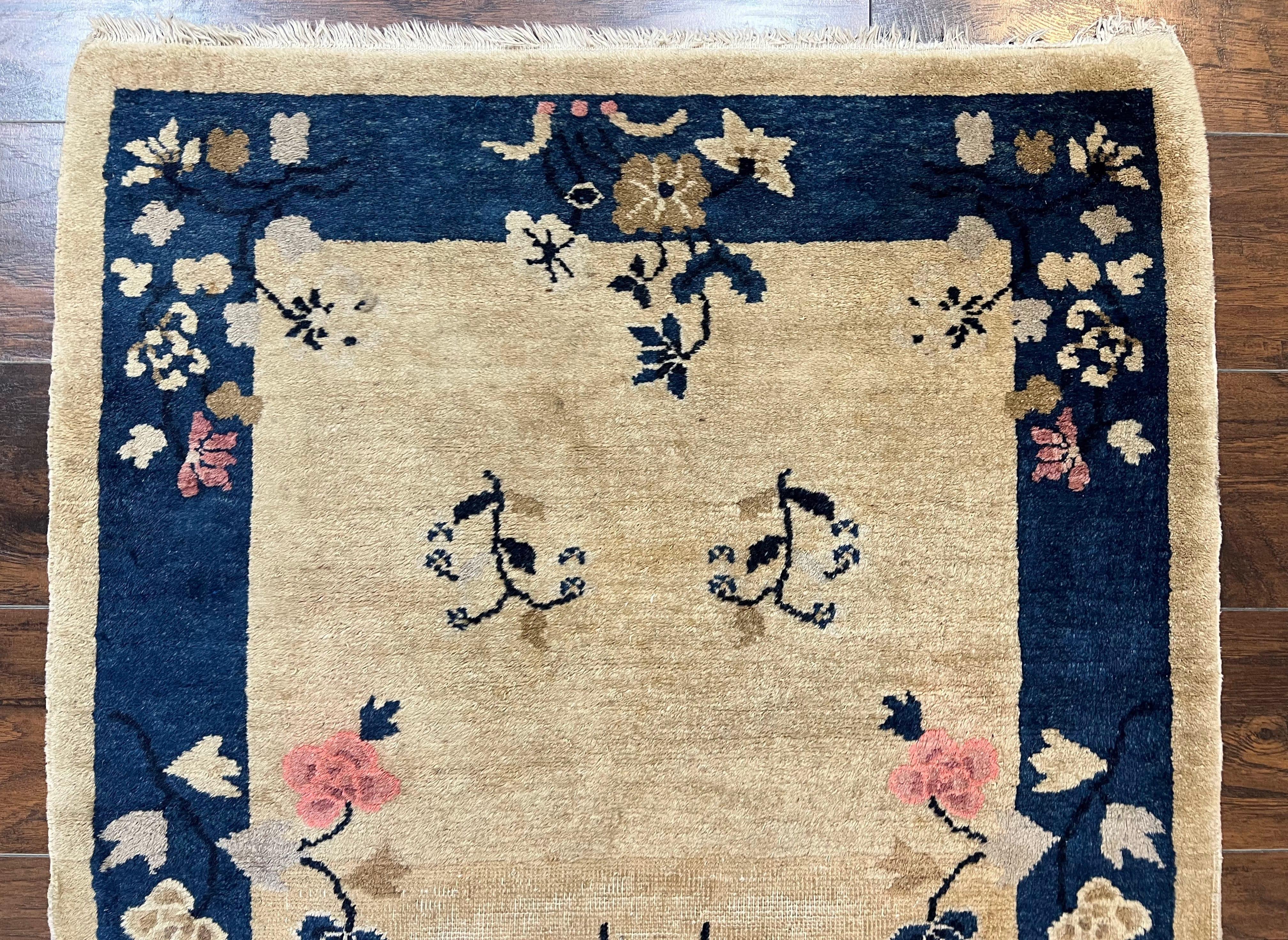 Antique Chinese Peking Rug 3x6, Beige and Dark Blue Hand Knotted Handmade Asian Oriental Carpet, Floral Vases, Vintage Wool Art Deco Rug - Image 3