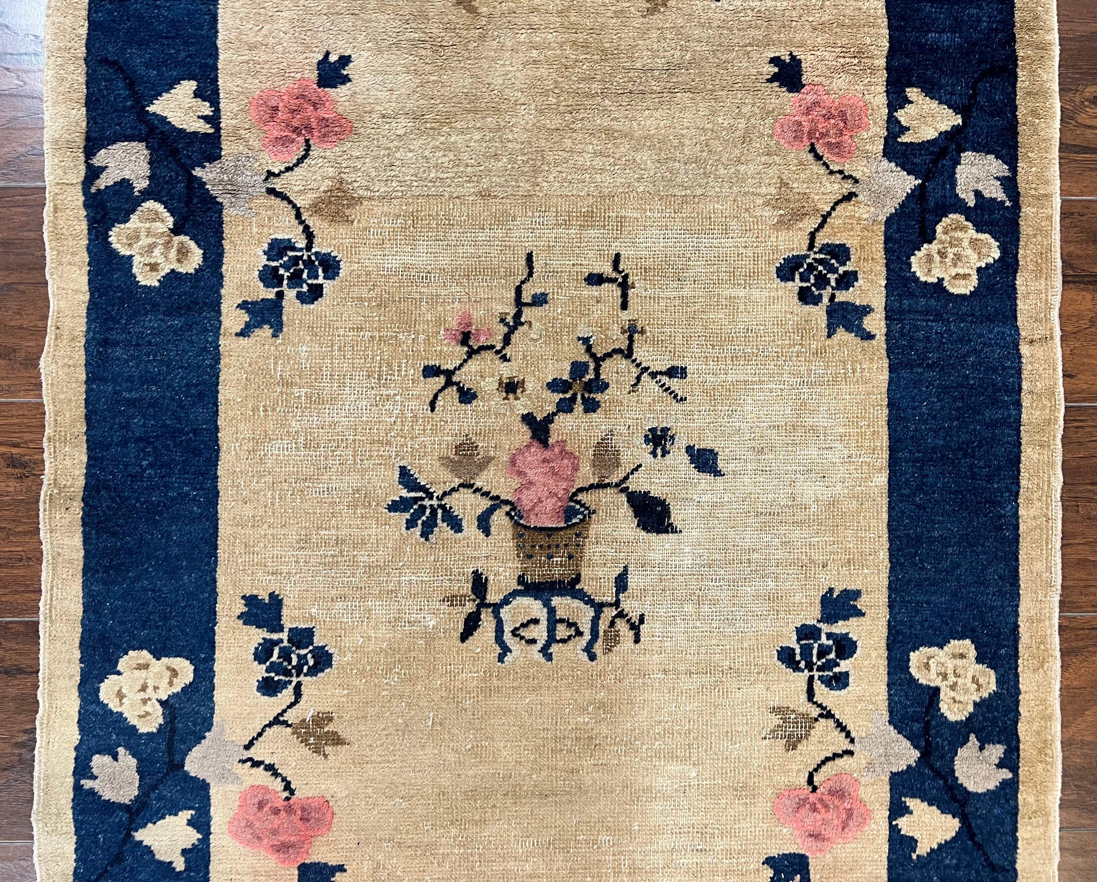 Antique Chinese Peking Rug 3x6, Beige and Dark Blue Hand Knotted Handmade Asian Oriental Carpet, Floral Vases, Vintage Wool Art Deco Rug - Image 4