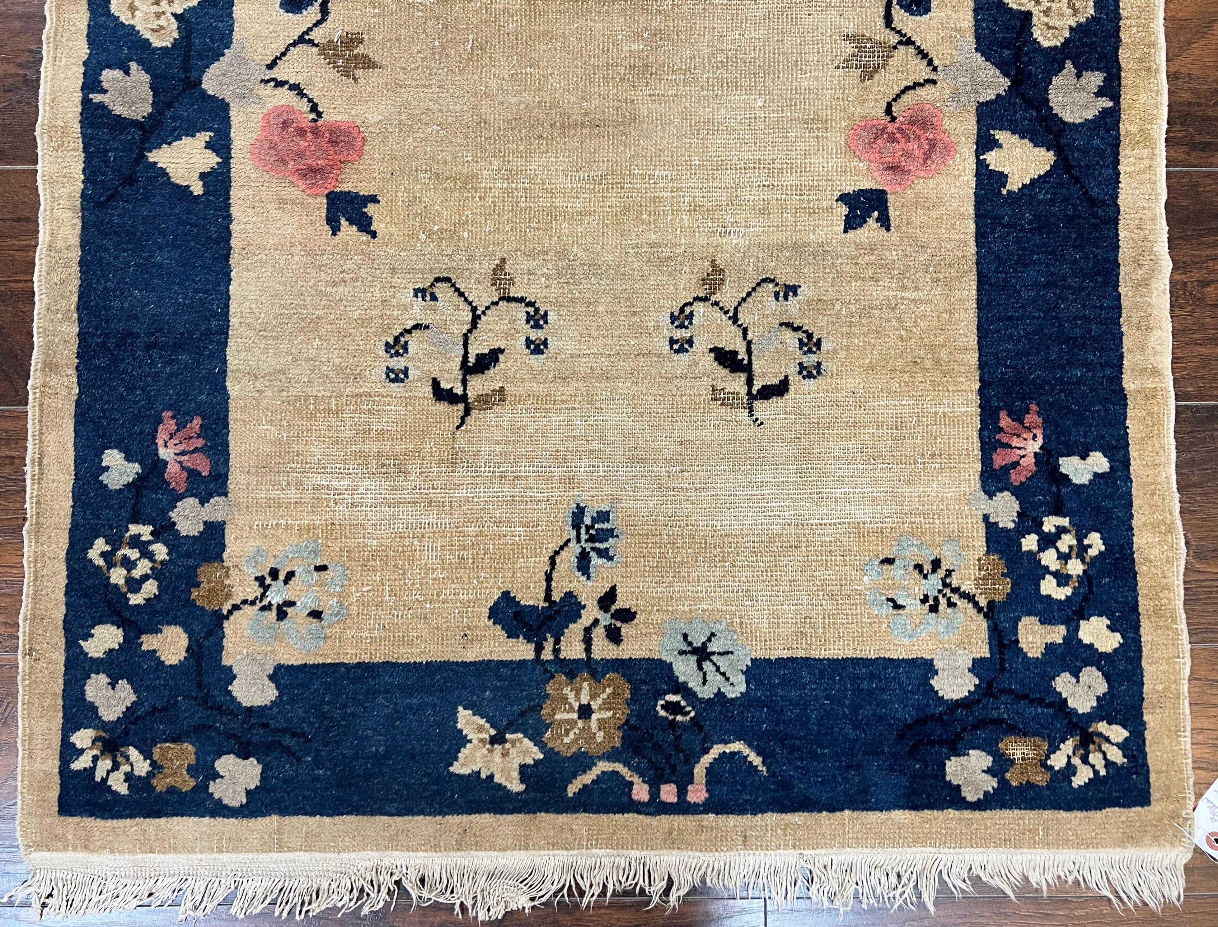Antique Chinese Peking Rug 3x6, Beige and Dark Blue Hand Knotted Handmade Asian Oriental Carpet, Floral Vases, Vintage Wool Art Deco Rug - Image 5