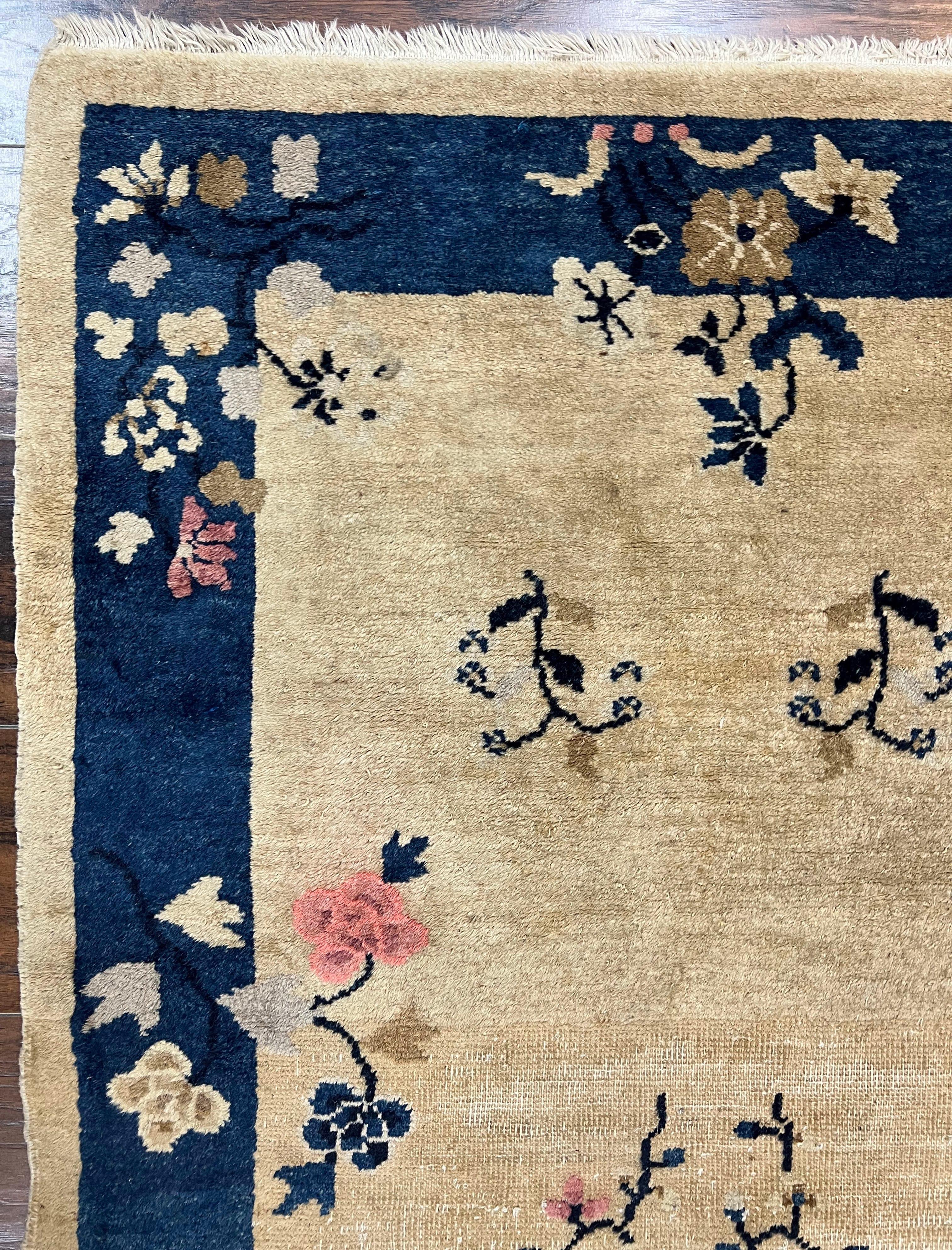 Antique Chinese Peking Rug 3x6, Beige and Dark Blue Hand Knotted Handmade Asian Oriental Carpet, Floral Vases, Vintage Wool Art Deco Rug - Image 6