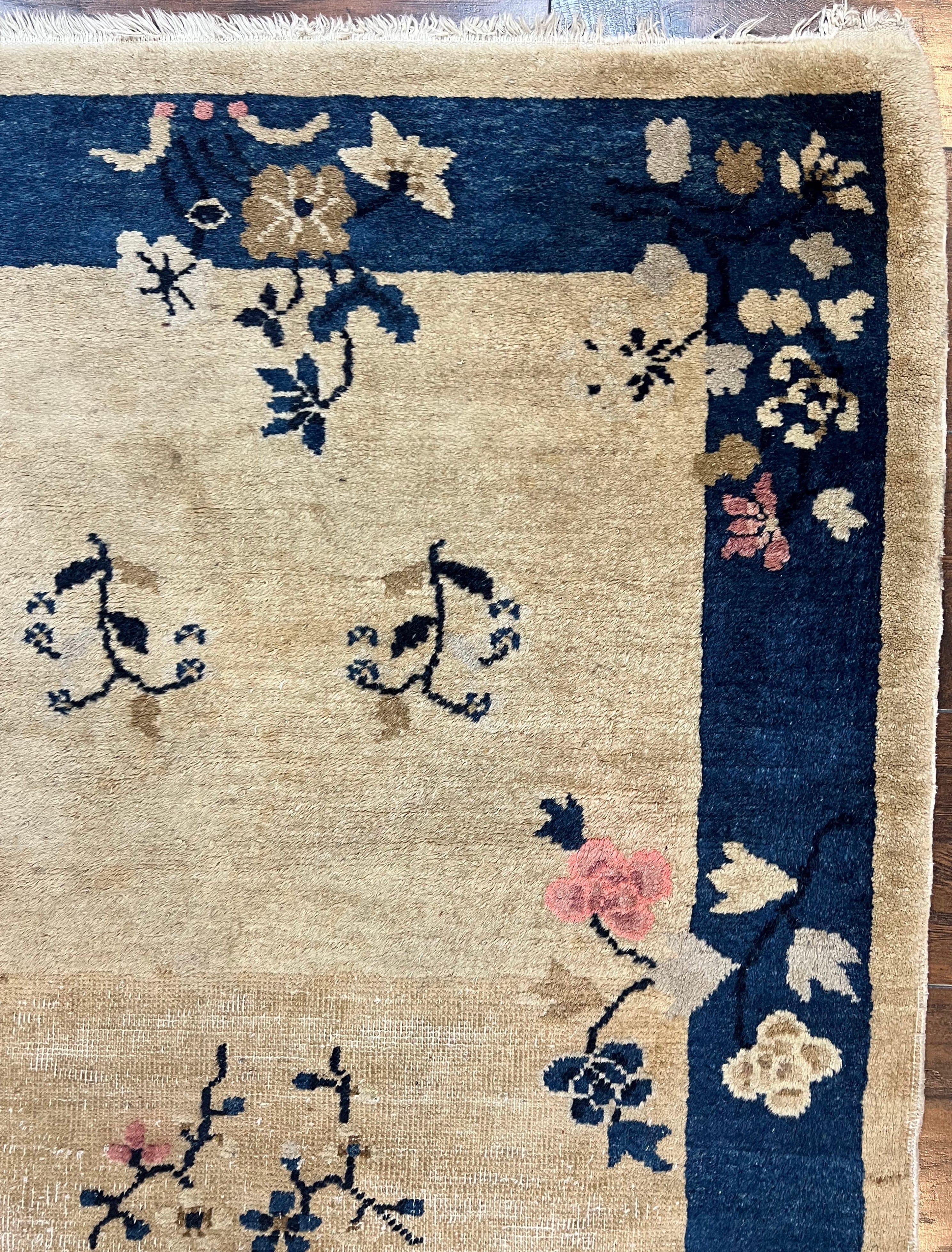 Antique Chinese Peking Rug 3x6, Beige and Dark Blue Hand Knotted Handmade Asian Oriental Carpet, Floral Vases, Vintage Wool Art Deco Rug - Image 7