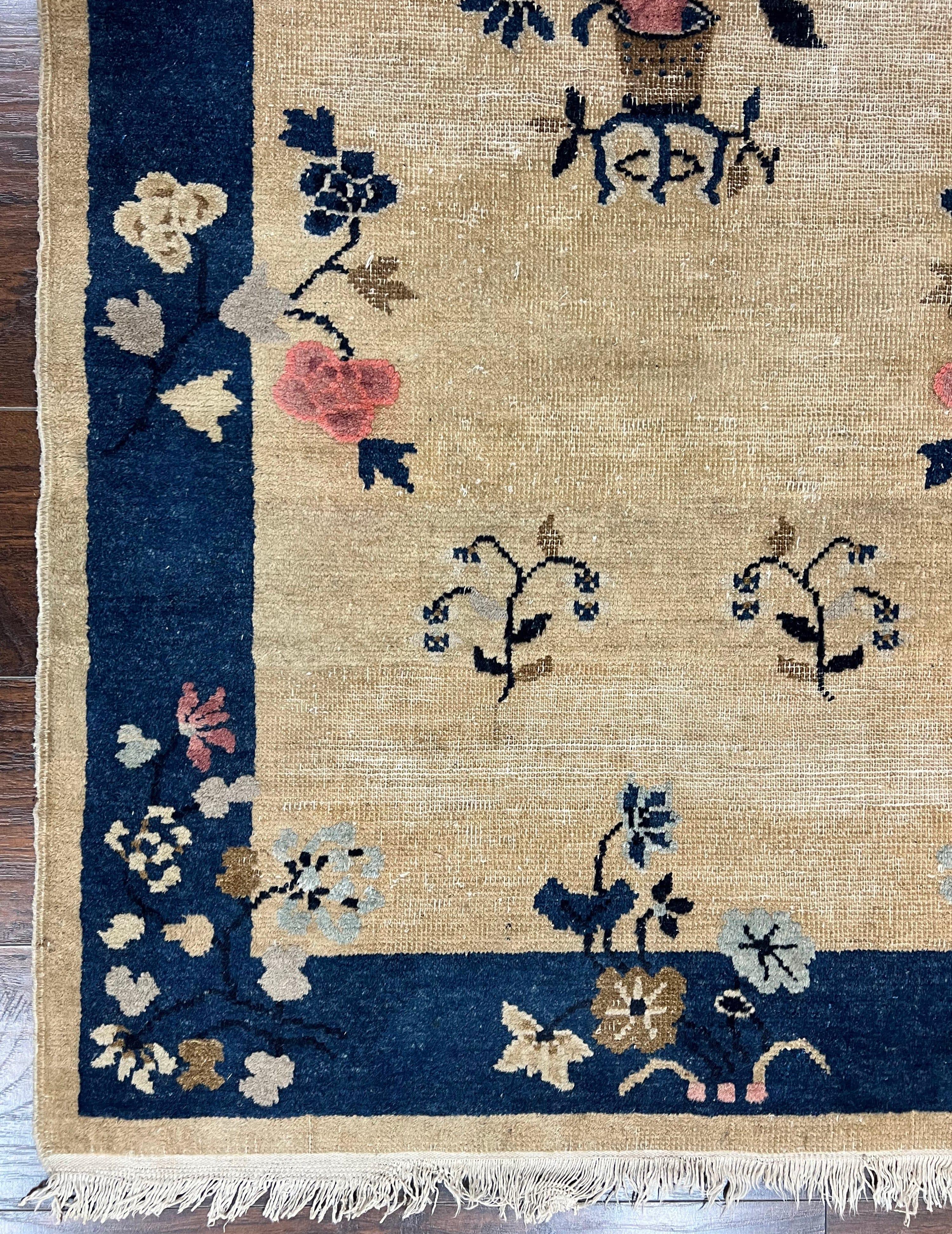 Antique Chinese Peking Rug 3x6, Beige and Dark Blue Hand Knotted Handmade Asian Oriental Carpet, Floral Vases, Vintage Wool Art Deco Rug - Image 8