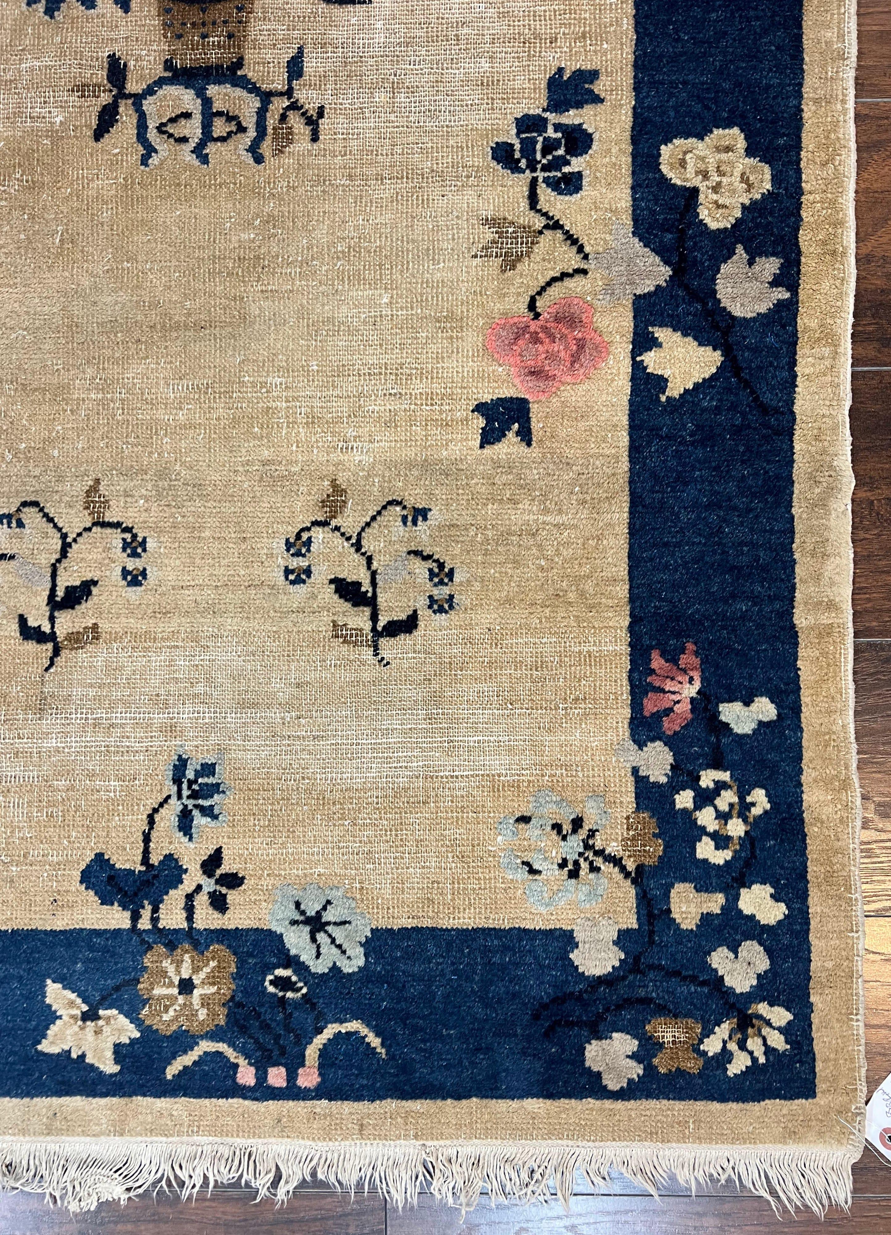 Antique Chinese Peking Rug 3x6, Beige and Dark Blue Hand Knotted Handmade Asian Oriental Carpet, Floral Vases, Vintage Wool Art Deco Rug - Image 9