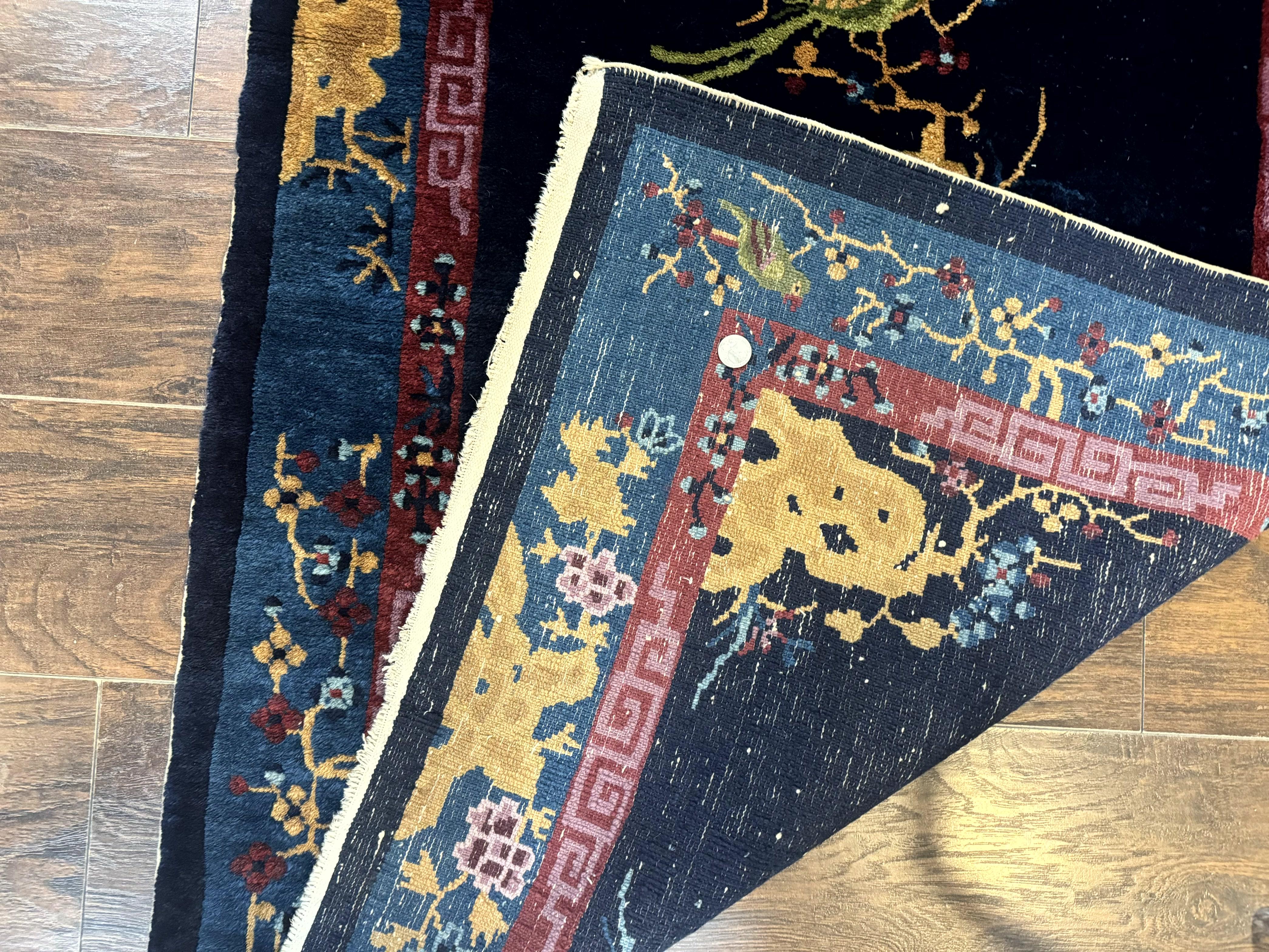 Antique Chinese Peking Rug 3x6, Dark Blue, Bird Motif, Handmade Wool Art Deco Asian Oriental Carpet, Pair A - Image 9