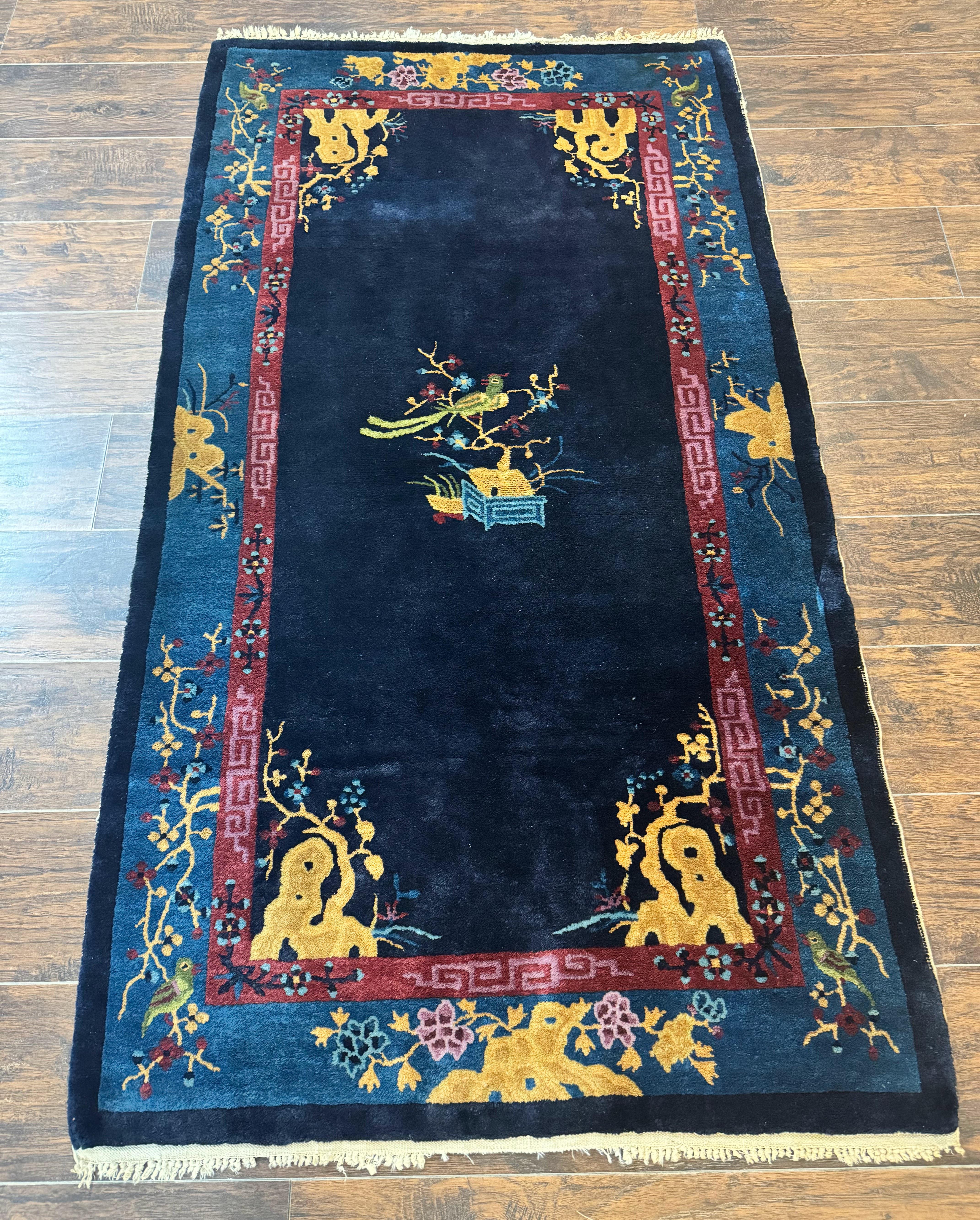 Antique Chinese Peking Rug 3x6, Dark Blue, Bird Motif, Handmade Wool Art Deco Asian Oriental Carpet, Pair B - Image 13