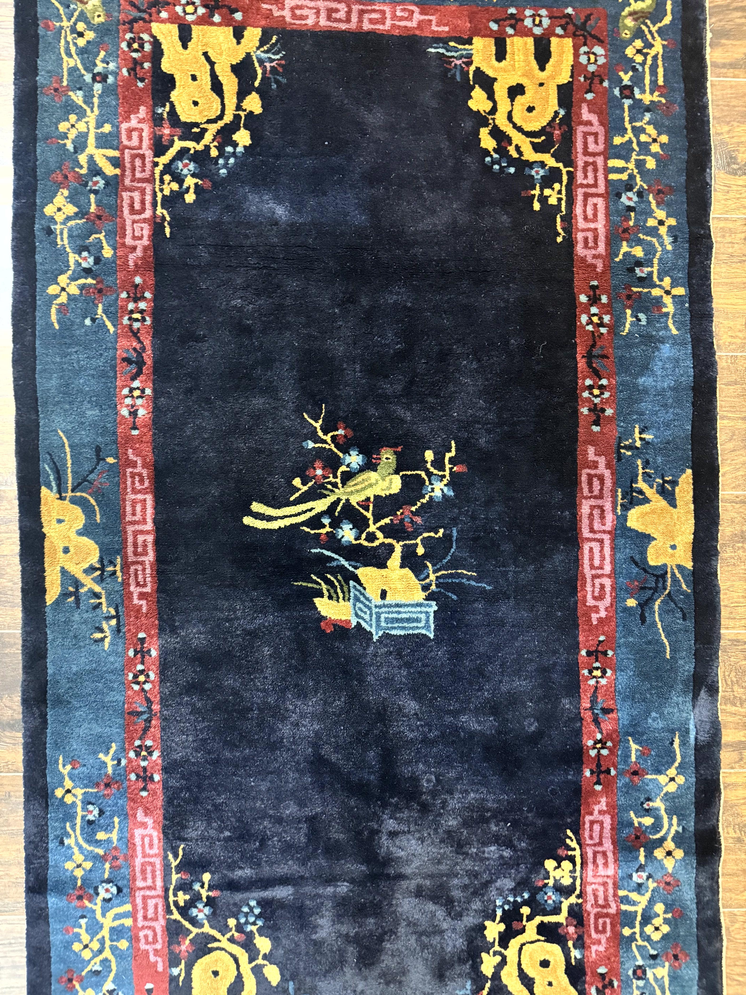 Antique Chinese Peking Rug 3x6, Dark Blue, Bird Motif, Handmade Wool Art Deco Asian Oriental Carpet, Pair B - Image 5
