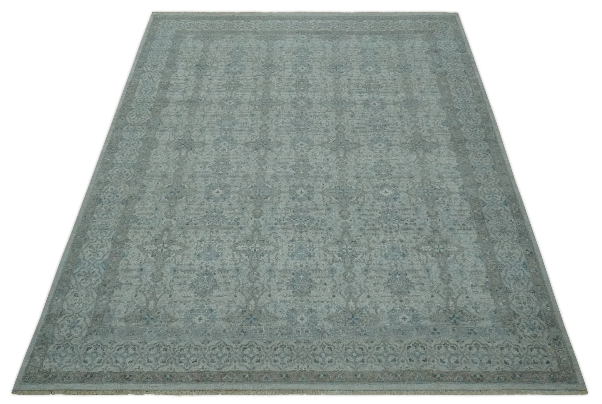 Antique Distress finish Silver, Teal and Brown Hand Knotted Traditional 8x10 wool Rug - Image 10