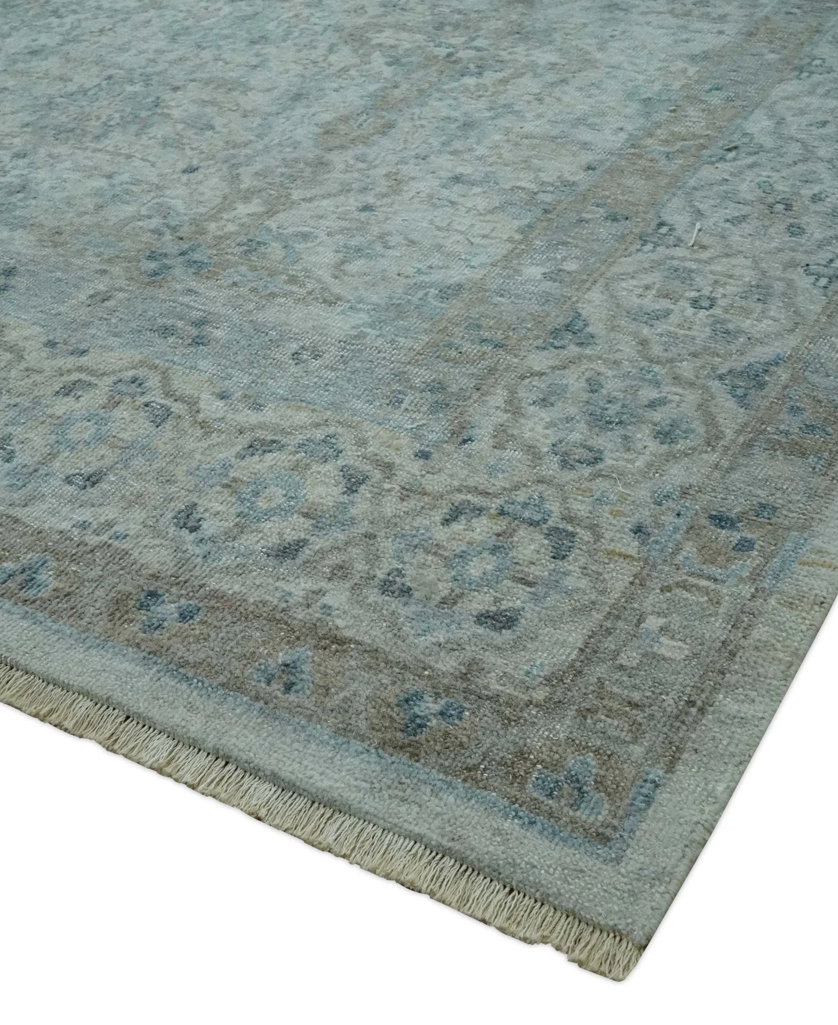 Antique Distress finish Silver, Teal and Brown Hand Knotted Traditional 8x10 wool Rug - Image 5