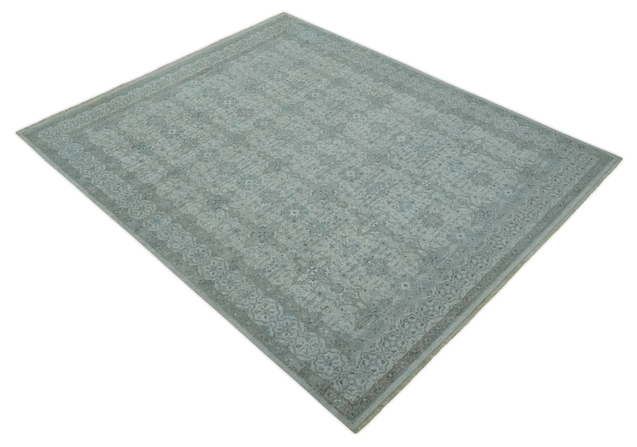 Antique Distress finish Silver, Teal and Brown Hand Knotted Traditional 8x10 wool Rug - Image 9