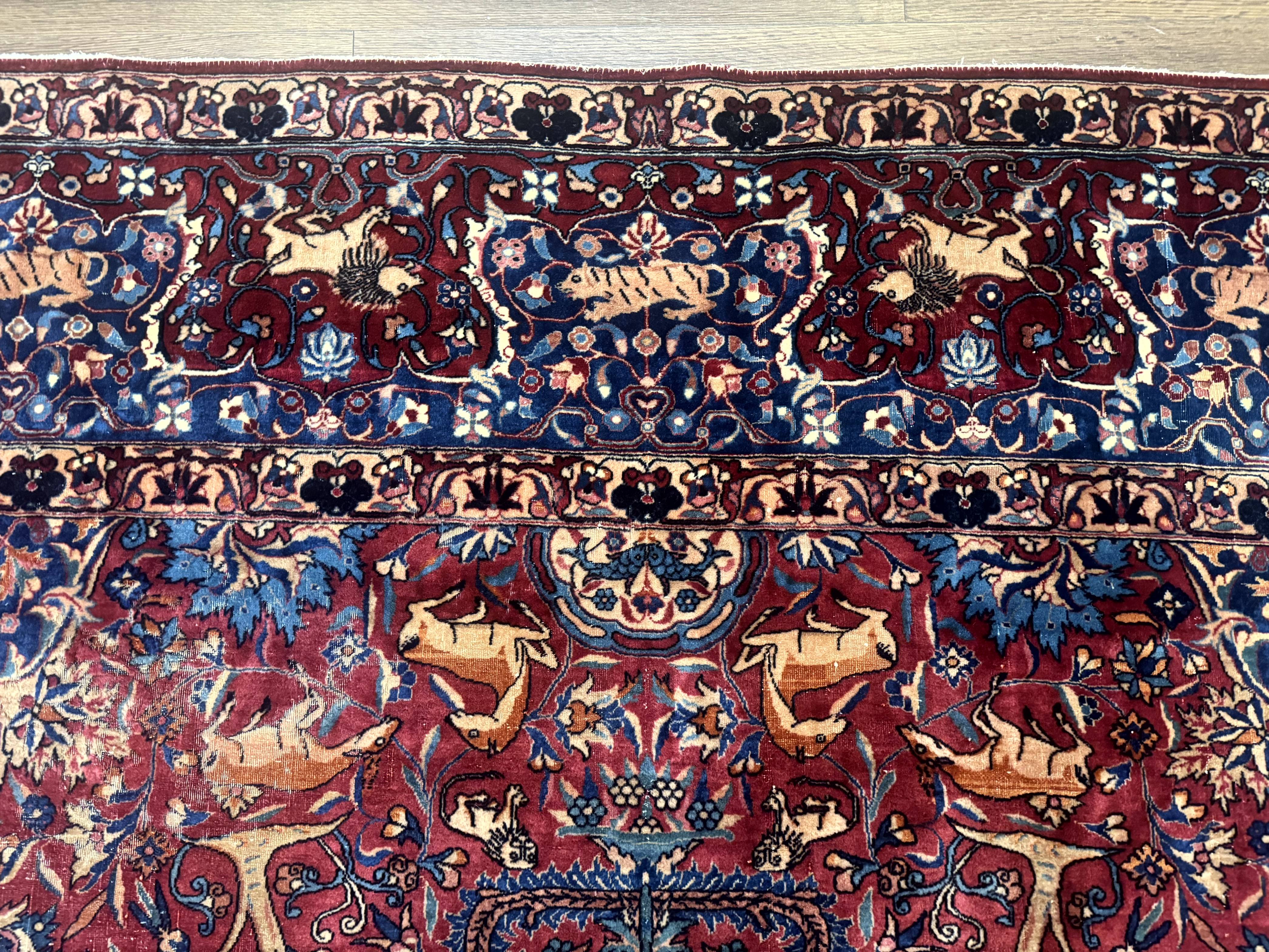Antique Indo Persian Kerman Rug 9x12 Red Manchester Wool Animal Pictorials, Fine 290 KPSI - Image 3