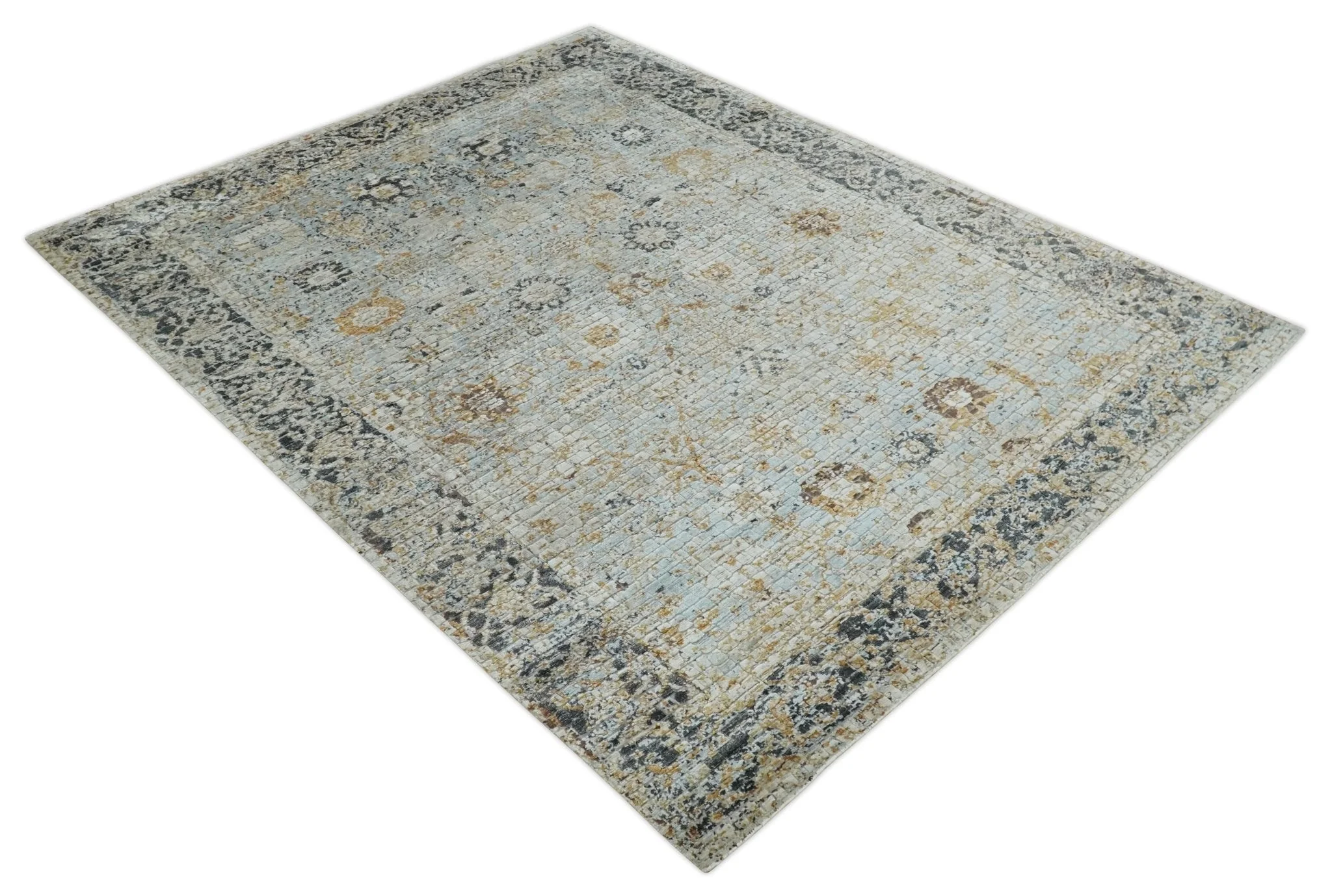 Antique look Aqua, Gold and Charcoal Hand Knotted Carved Texture Traditional Oriental Oushak 8x10 wool Area Rug - Image 10
