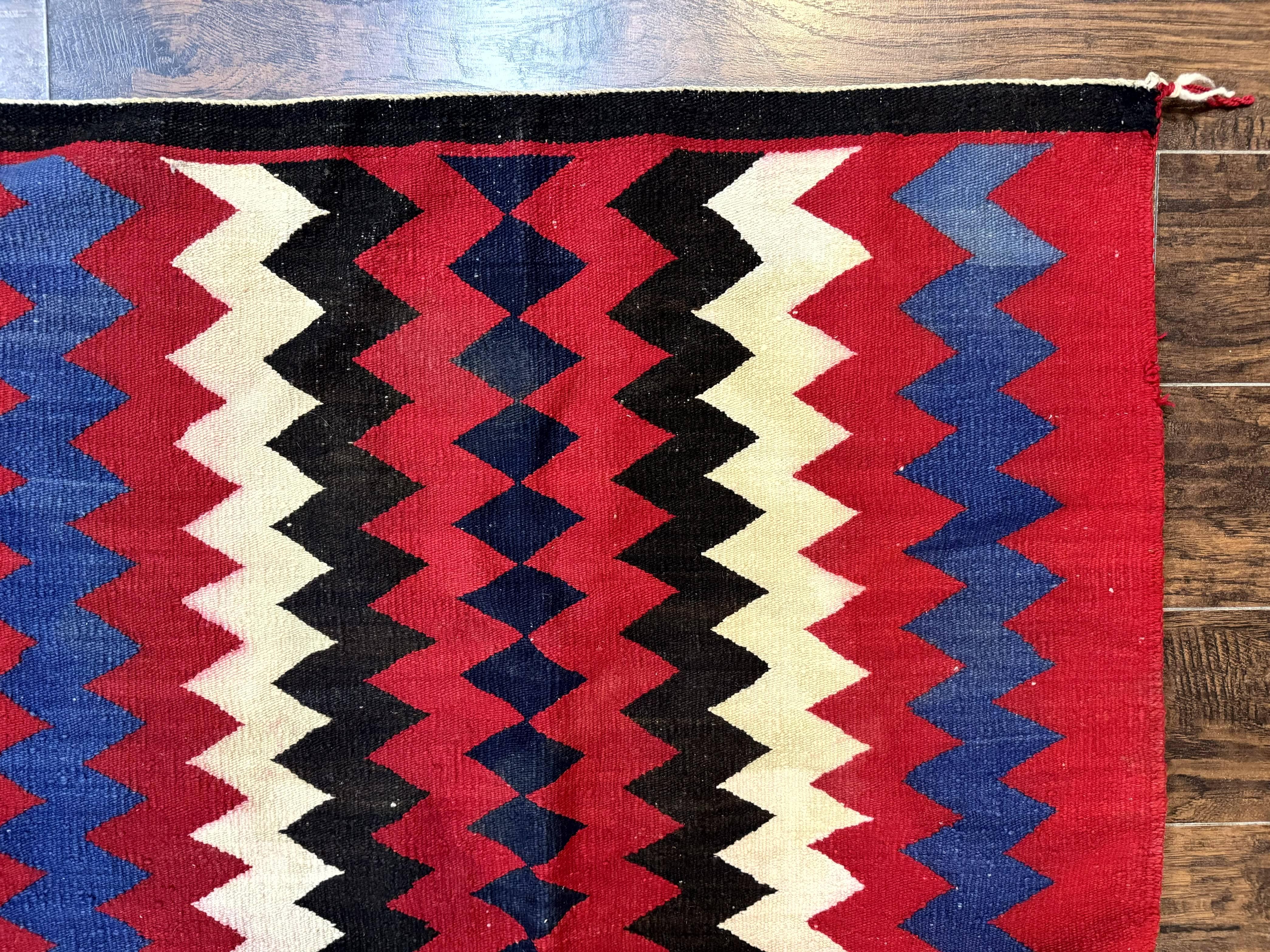 Antique Navajo Rug 3.7 x 2.8, Red Ivory Blue, Zig Zag Pattern, Handmade, Wool - Image 6