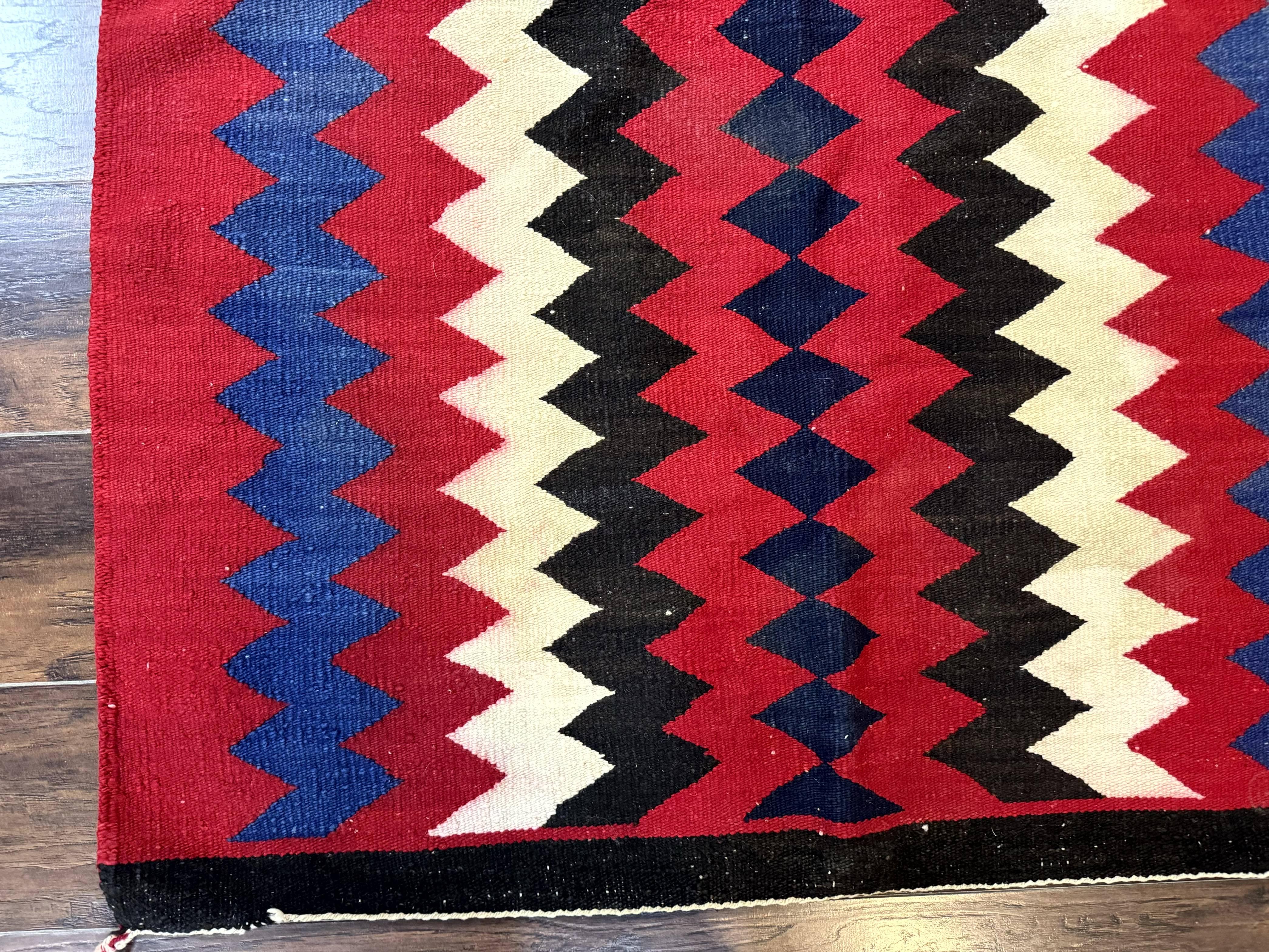 Antique Navajo Rug 3.7 x 2.8, Red Ivory Blue, Zig Zag Pattern, Handmade, Wool - Image 7
