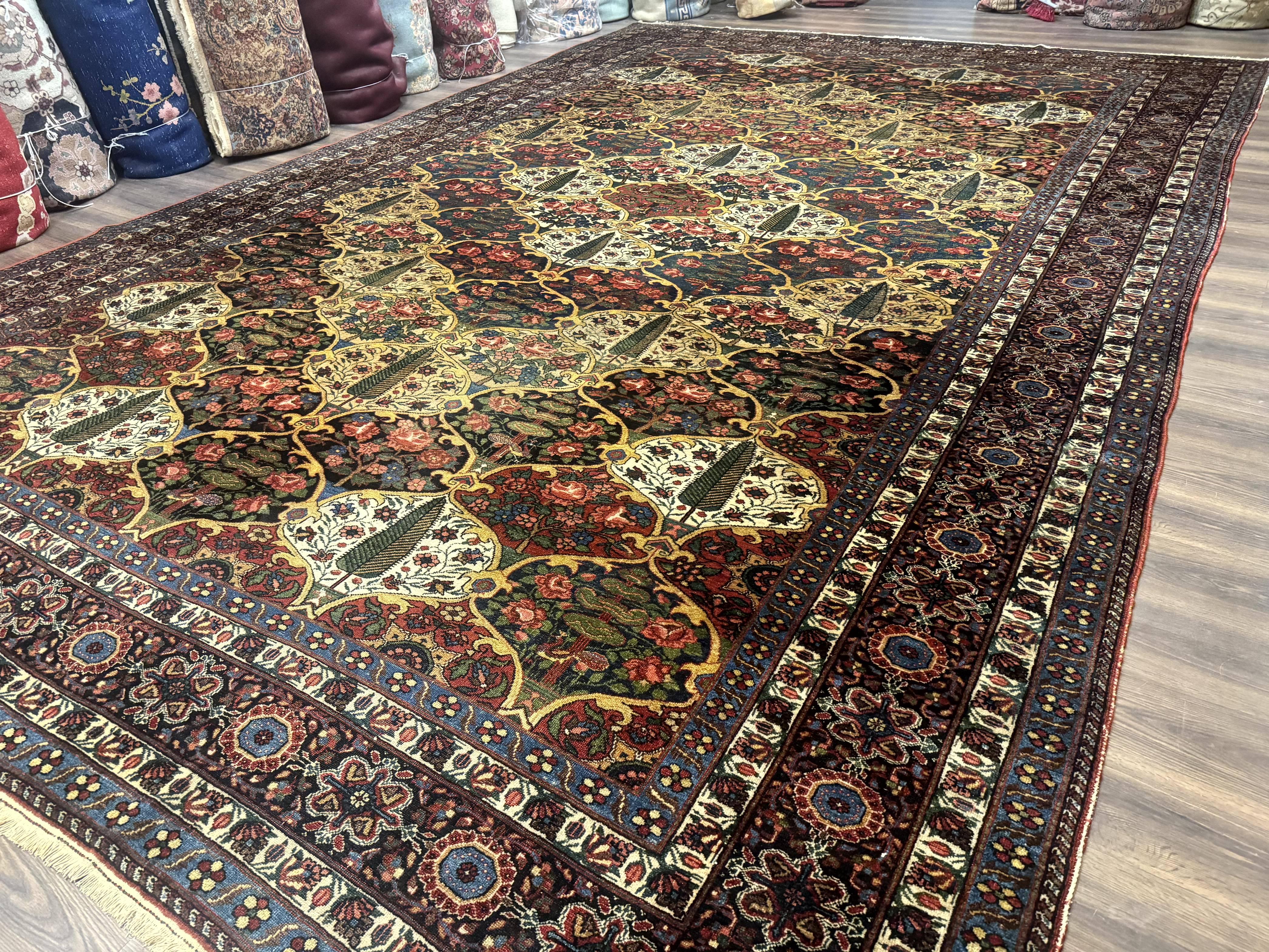 Antique Persian Bakhtiari Rug 12x19, Palace Size Wool Handmade Persian Carpet, Oversized Rug, Panel Design, Peacocks, Multicolor, Rare - Image 2