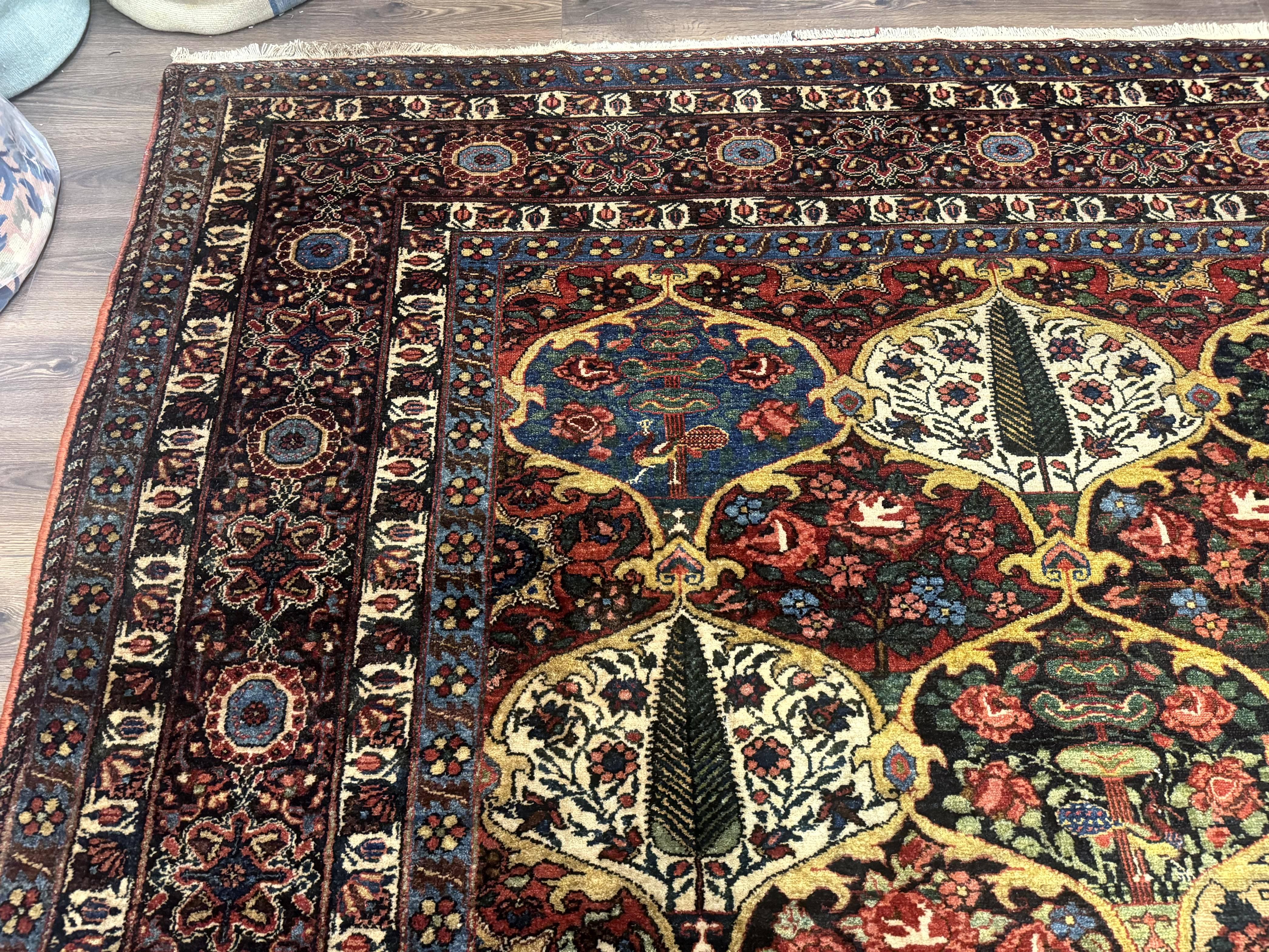 Antique Persian Bakhtiari Rug 12x19, Palace Size Wool Handmade Persian Carpet, Oversized Rug, Panel Design, Peacocks, Multicolor, Rare - Image 6