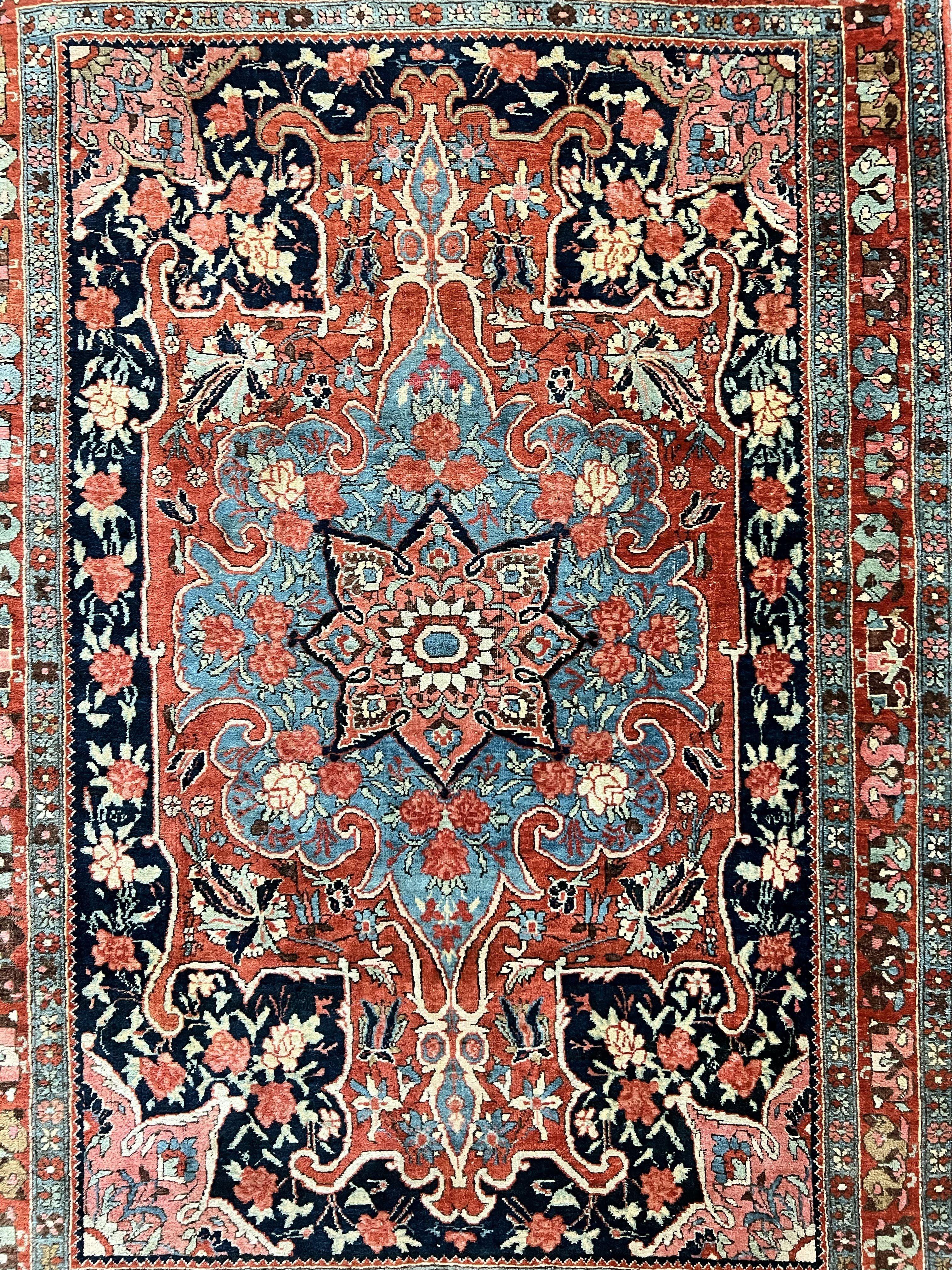 Antique Persian Bidjar Rug 4x5, Red and Blue, Hand Knotted Wool Carpet - Image 4