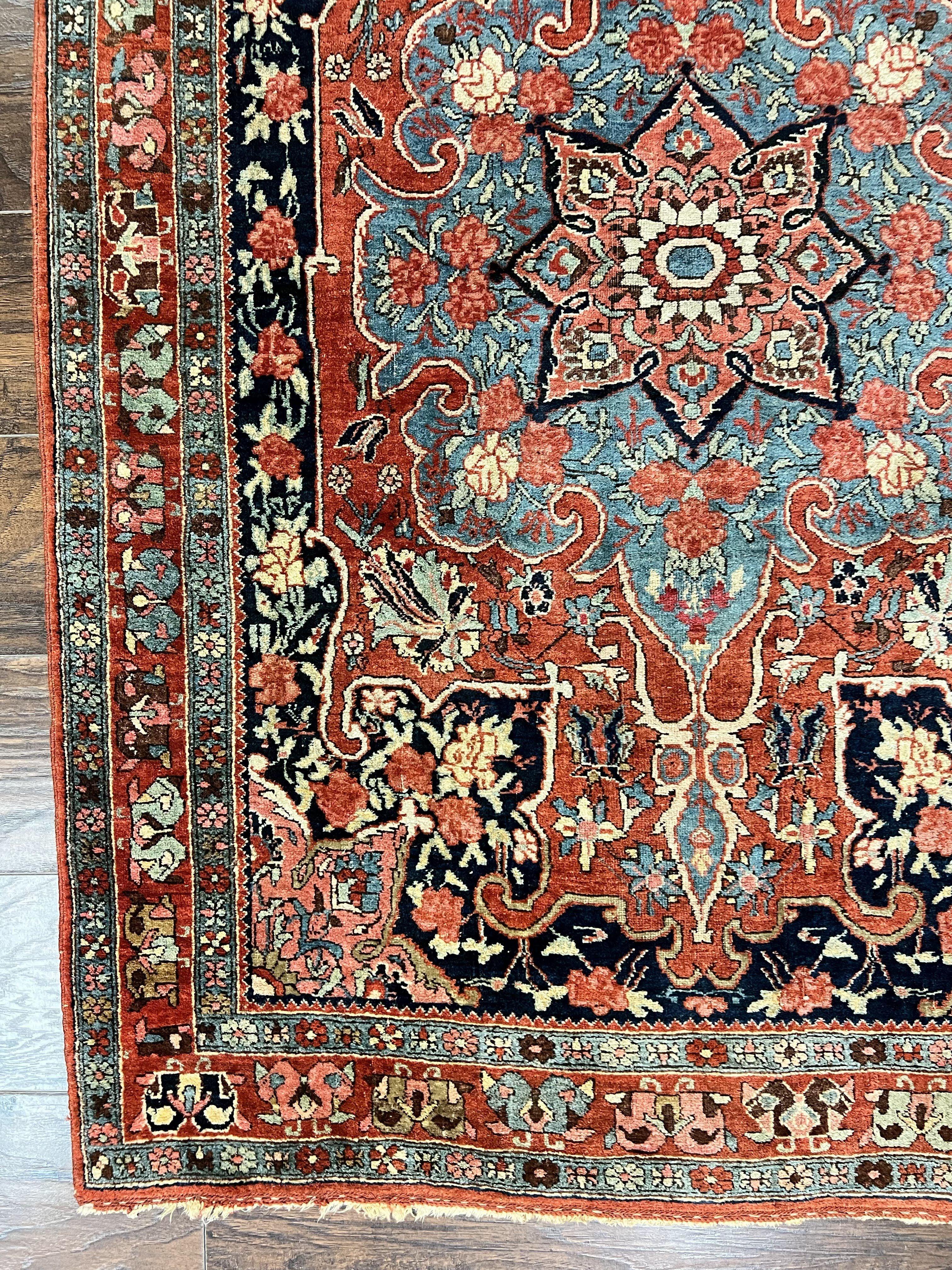 Antique Persian Bidjar Rug 4x5, Red and Blue, Hand Knotted Wool Carpet - Image 8