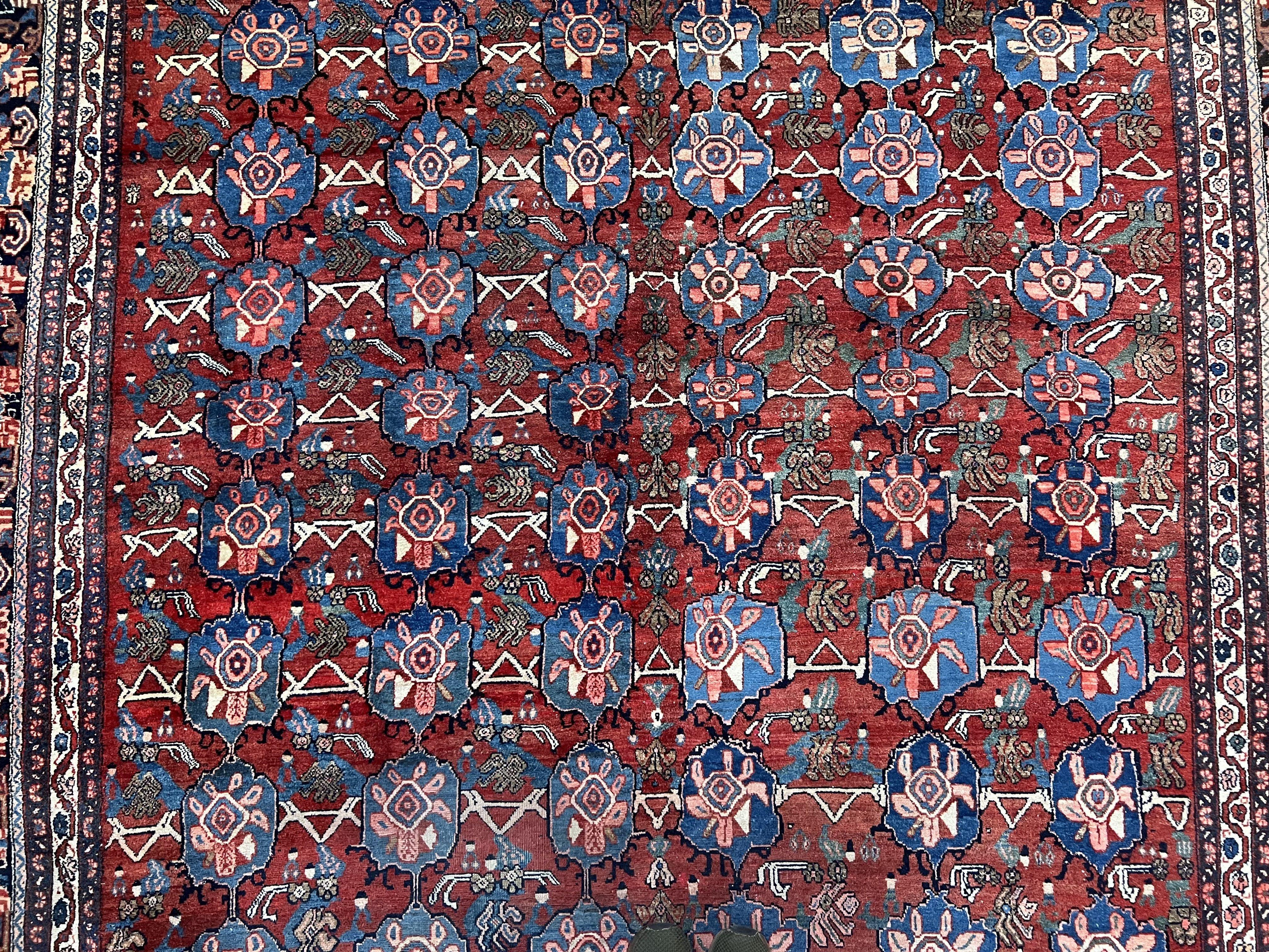 Antique Persian Bijar Rug 9x12 - Allover Motif, Red & Blue - Image 4