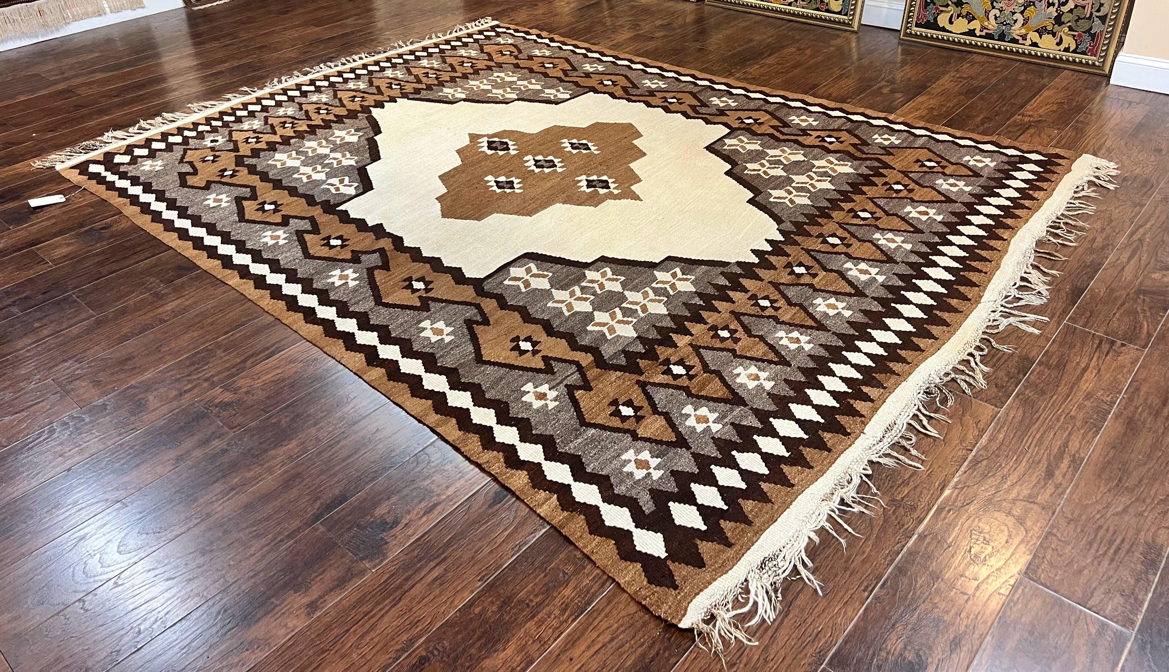 Antique Persian Fars Kilim Rug 8x11, Wool, Boho Tribal Persian Shiraz Flatweave Carpet, Semi Open Field, Geometric, Handmade, Vintage Semi Antique - Image 11