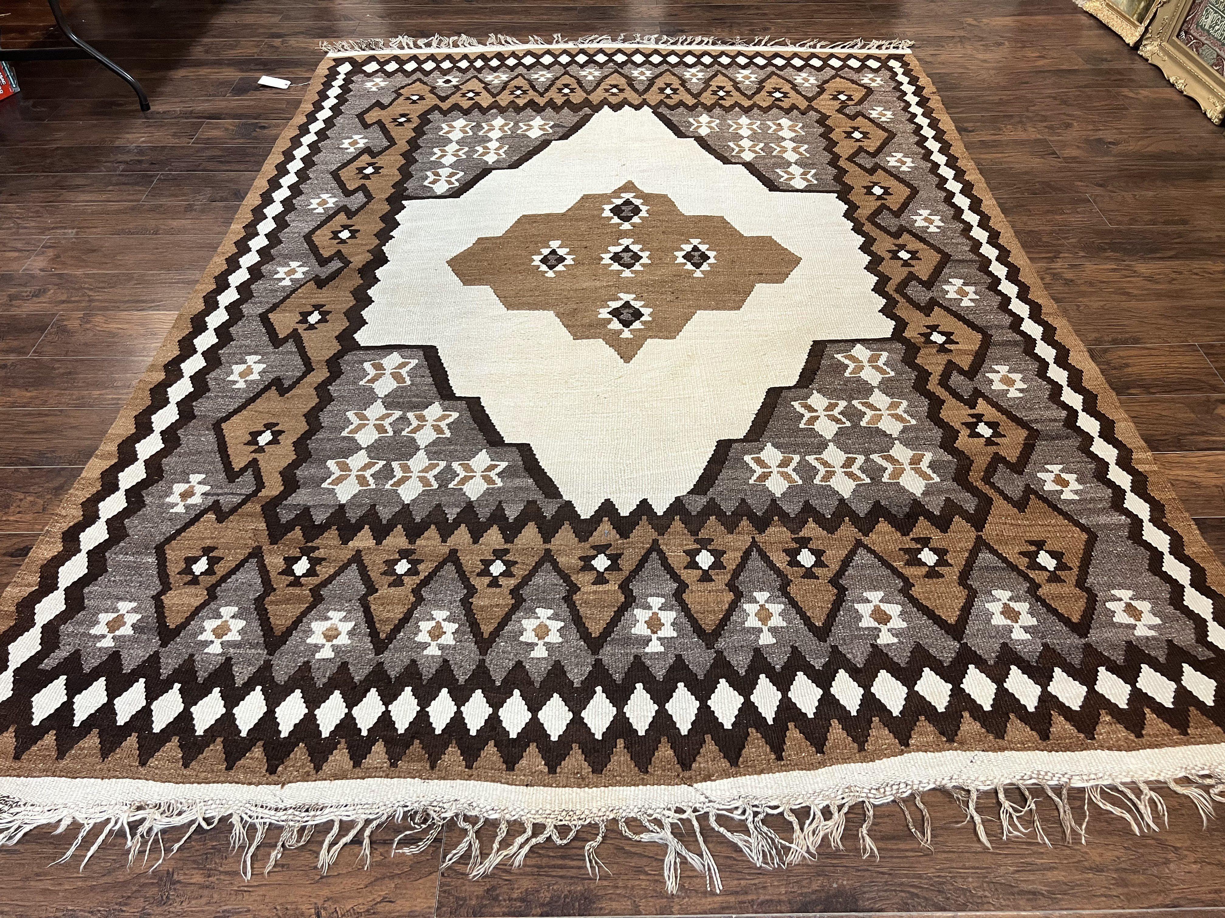Antique Persian Fars Kilim Rug 8x11, Wool, Boho Tribal Persian Shiraz Flatweave Carpet, Semi Open Field, Geometric, Handmade, Vintage Semi Antique - Image 12