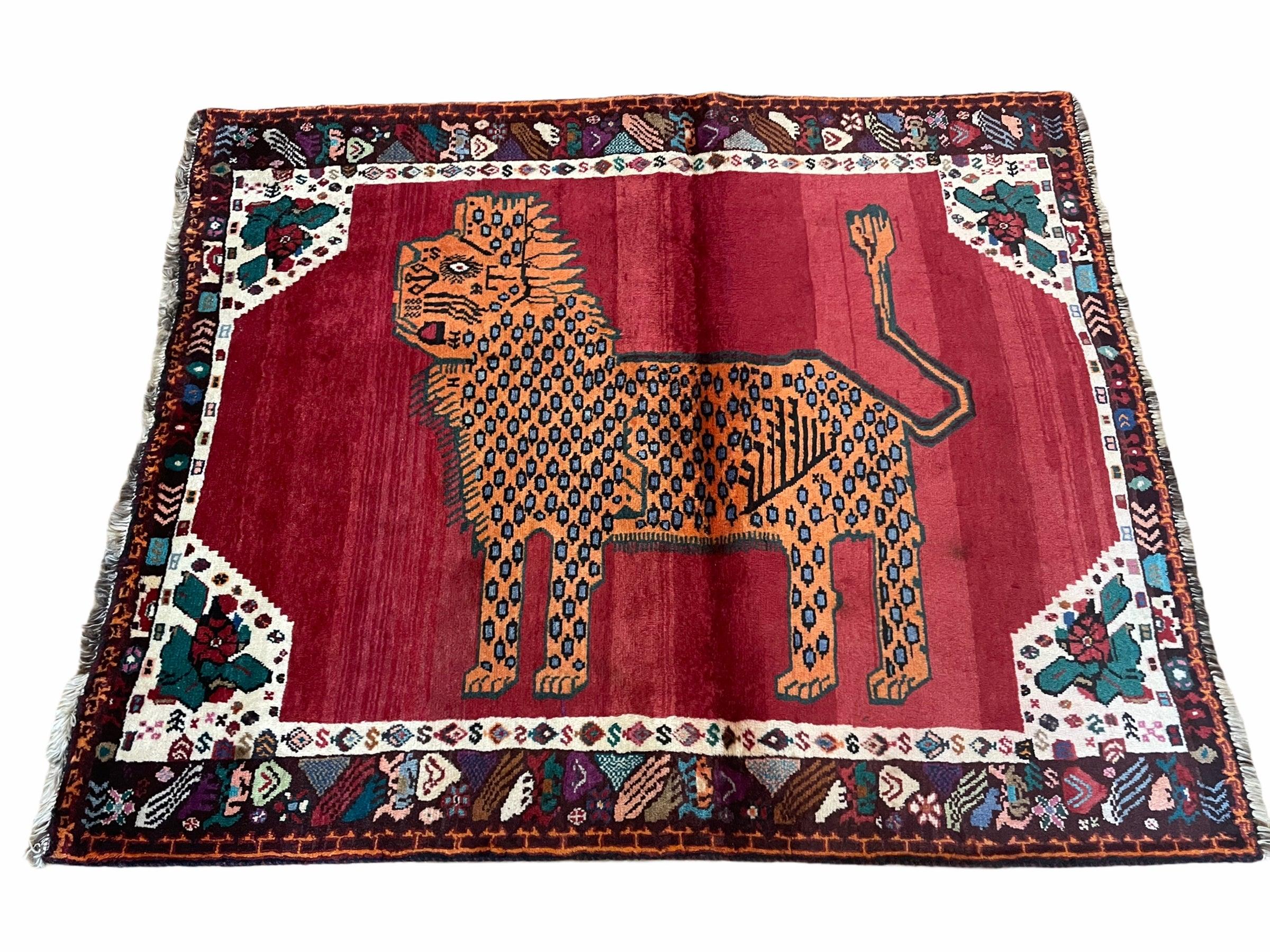 Antique Persian Gabbeh Wool Rug 4x5, Lion Pictorial Rug, Red Orange Black, Hand Knotted Handmade Vintage Gabbeh Carpet 4 x 5 ft, Tribal Rug