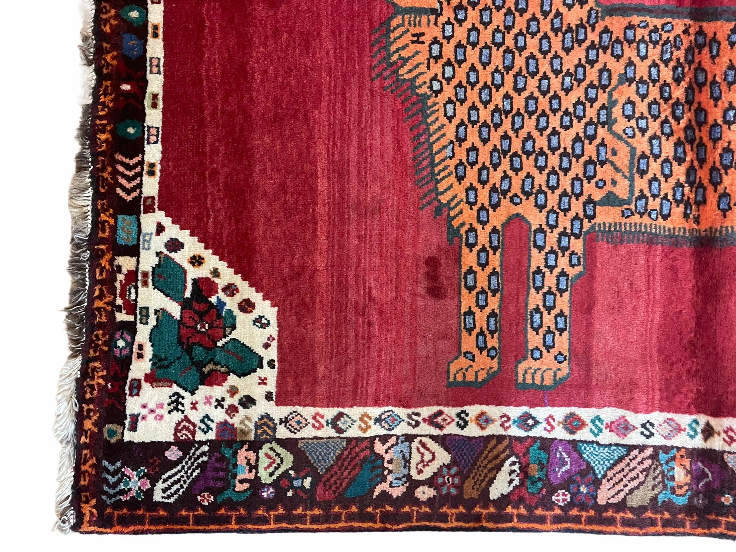 Antique Persian Gabbeh Wool Rug 4x5, Lion Pictorial Rug, Red Orange Black, Hand Knotted Handmade Vintage Gabbeh Carpet 4 x 5 ft, Tribal Rug - Image 6