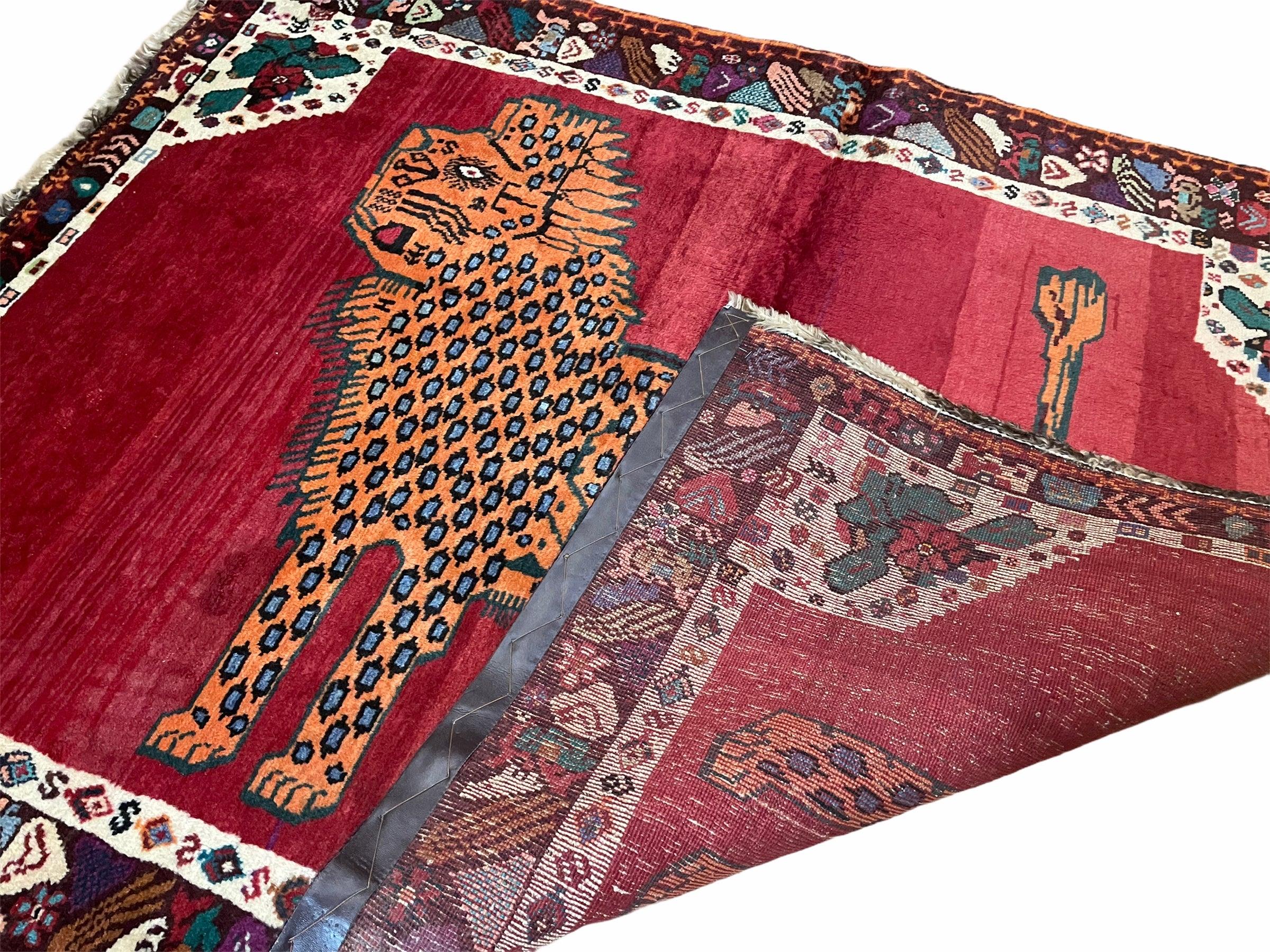 Antique Persian Gabbeh Wool Rug 4x5, Lion Pictorial Rug, Red Orange Black, Hand Knotted Handmade Vintage Gabbeh Carpet 4 x 5 ft, Tribal Rug - Image 8
