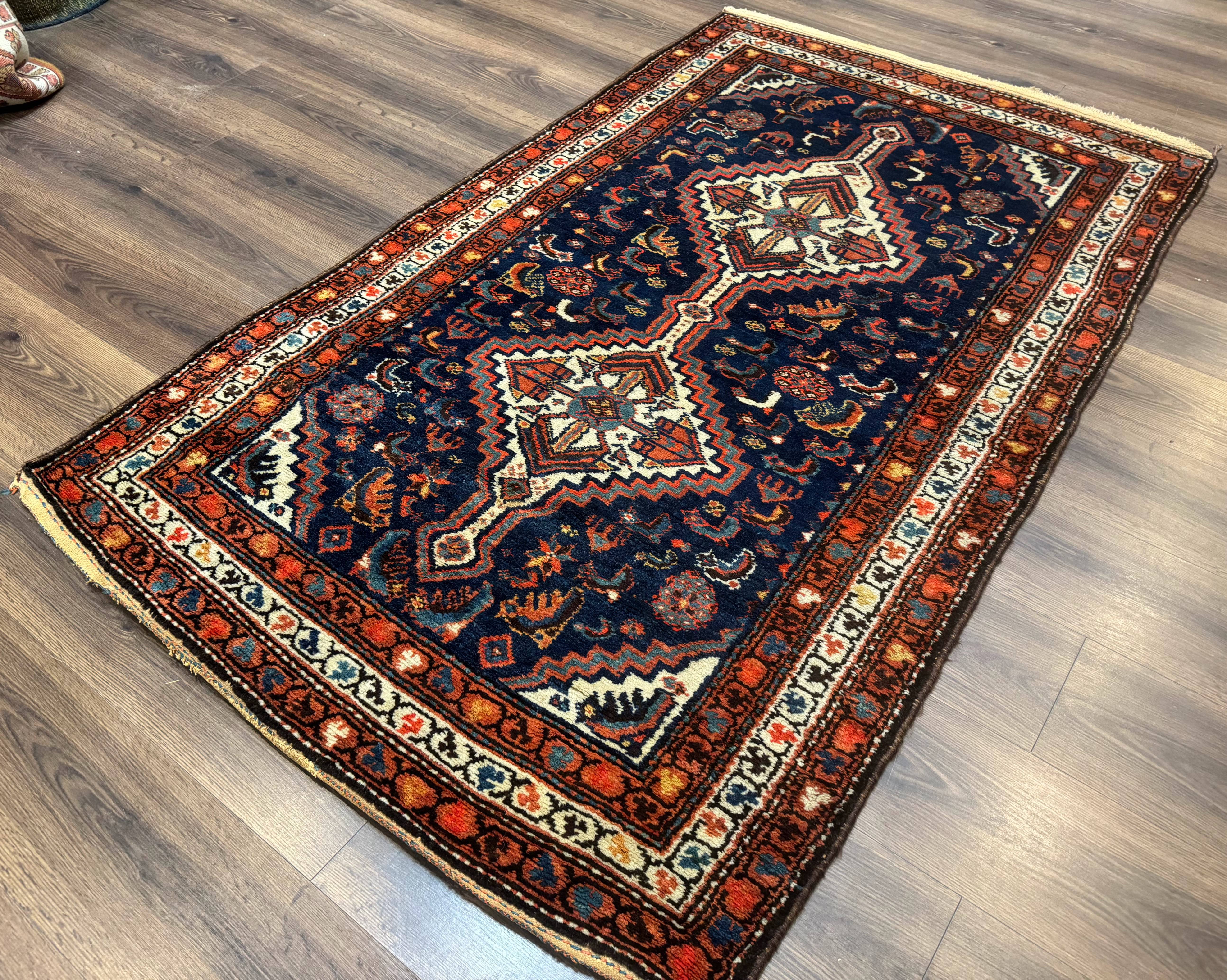 Antique Persian Hamadan Rug 4x6, Geometric, Double Medallions, Navy Blue, Tribal Carpet - Image 2