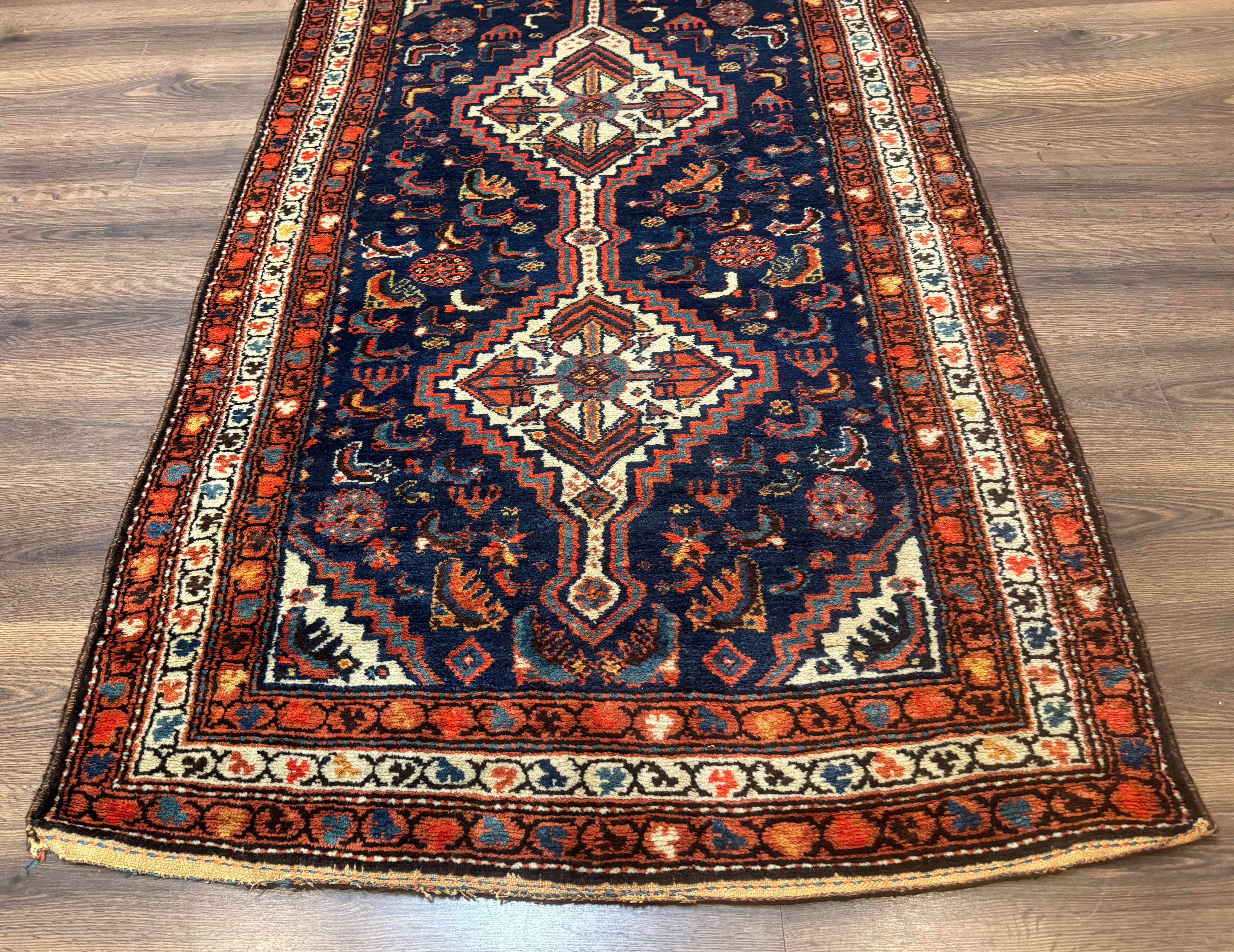 Antique Persian Hamadan Rug 4x6, Geometric, Double Medallions, Navy Blue, Tribal Carpet - Image 5