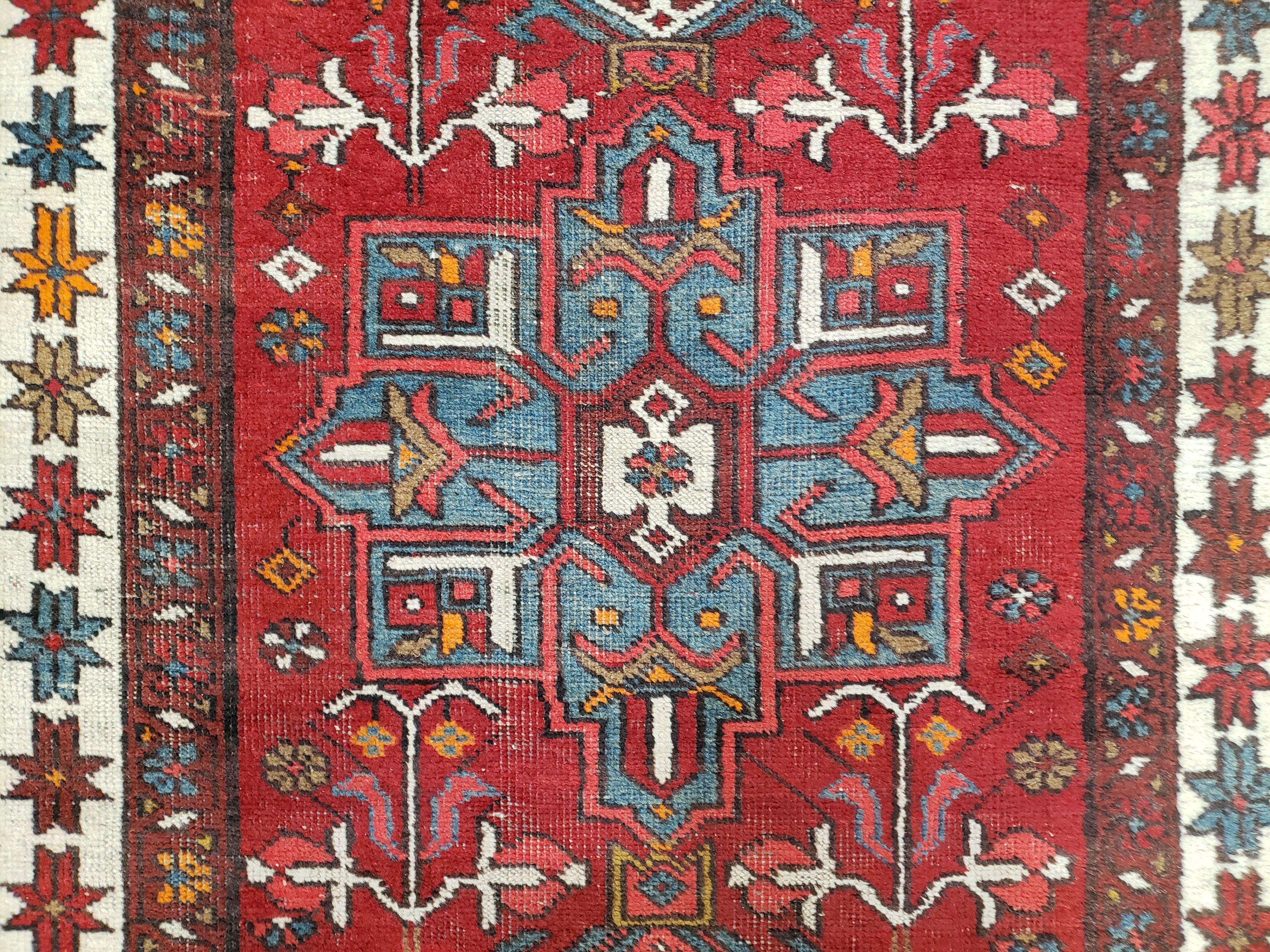 Antique Persian Heriz Karajeh Runner Rug 3x11, Hand-Knotted Red Geometric Medallions - Image 4
