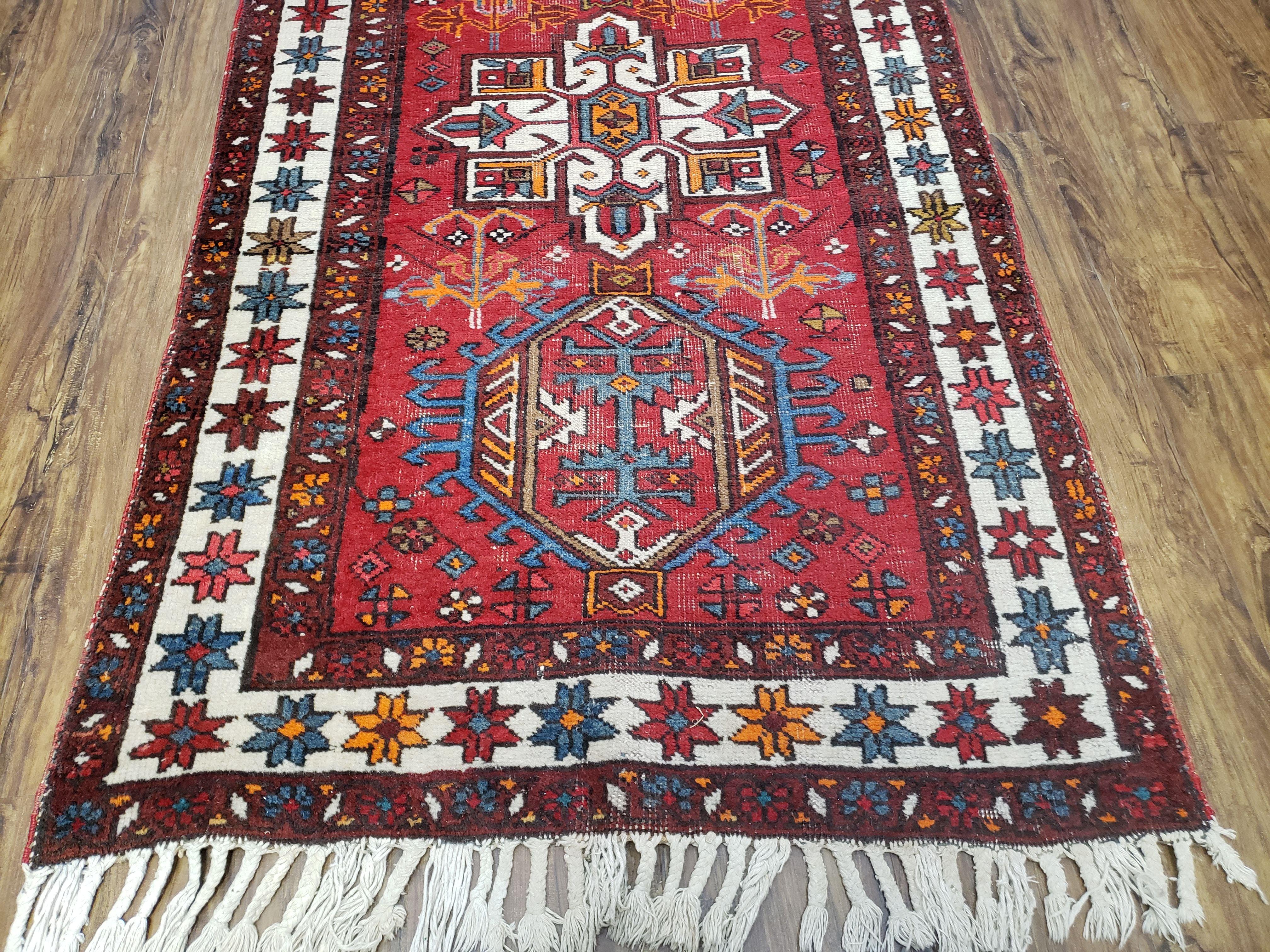 Antique Persian Heriz Karajeh Runner Rug 3x11, Hand-Knotted Red Geometric Medallions - Image 9