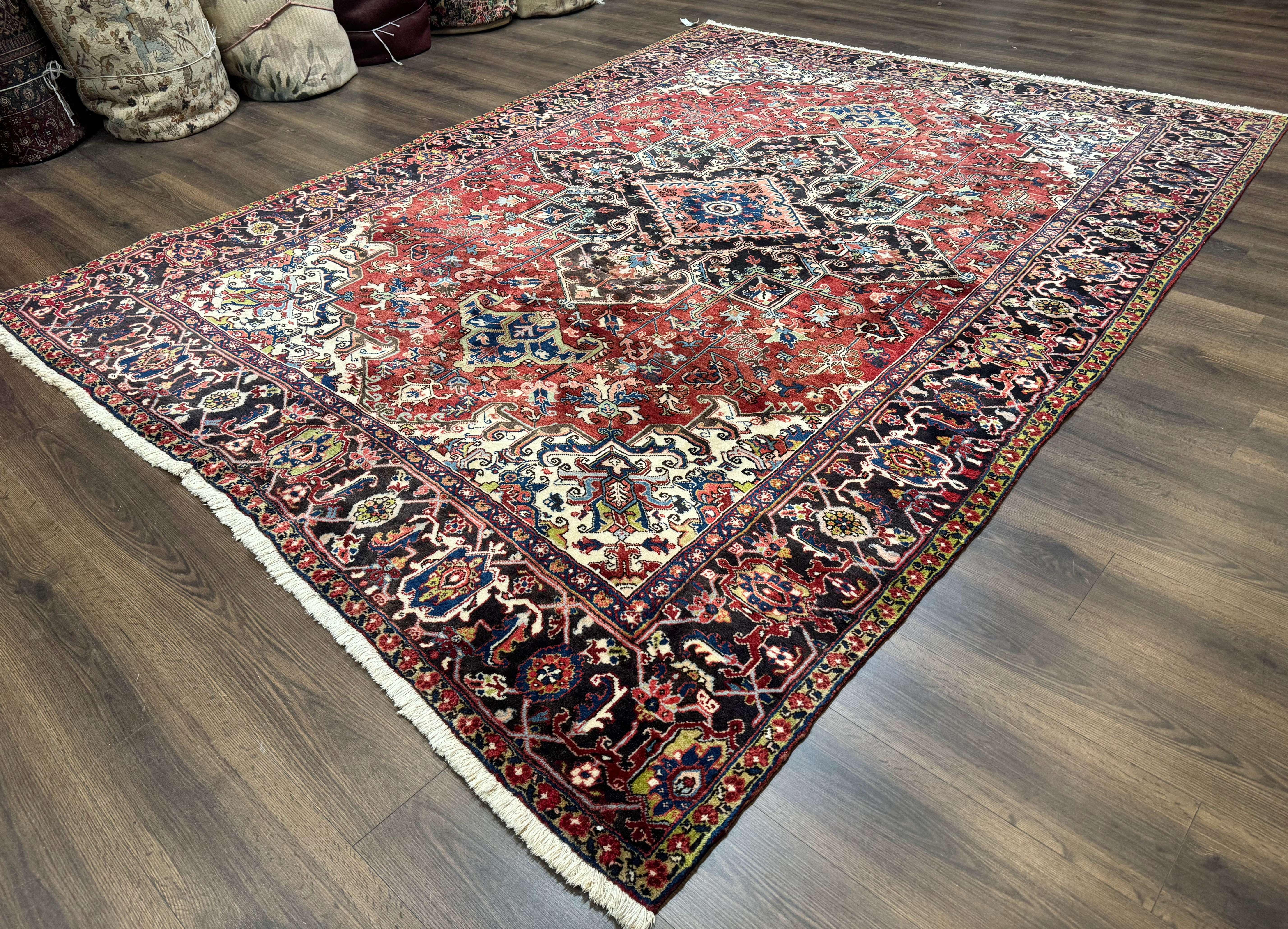 Antique Persian Heriz Rug 8x11, Geometric Tribal Wool Carpet, Brick Red - Image 2