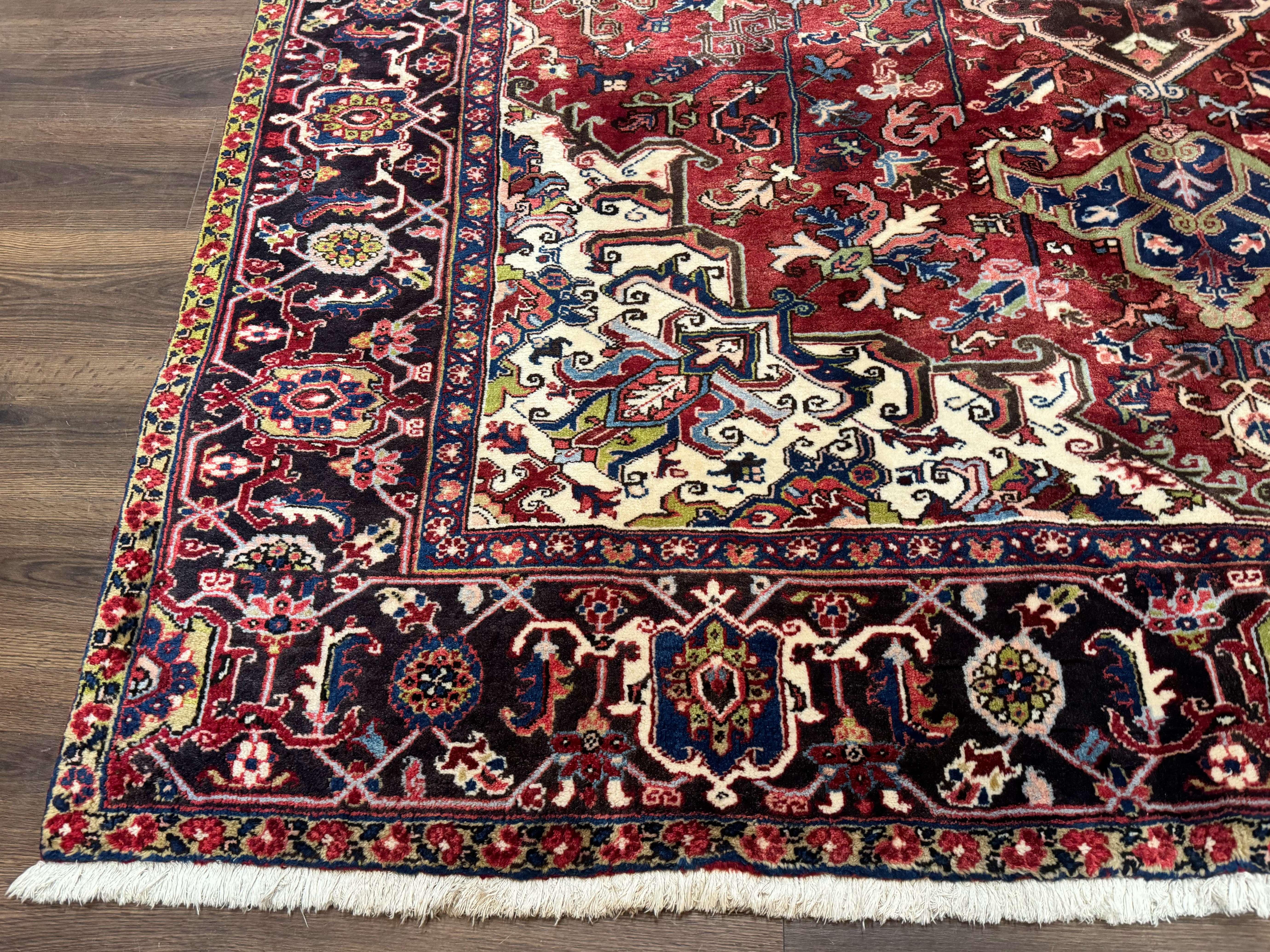 Antique Persian Heriz Rug 8x11, Geometric Tribal Wool Carpet, Brick Red - Image 8