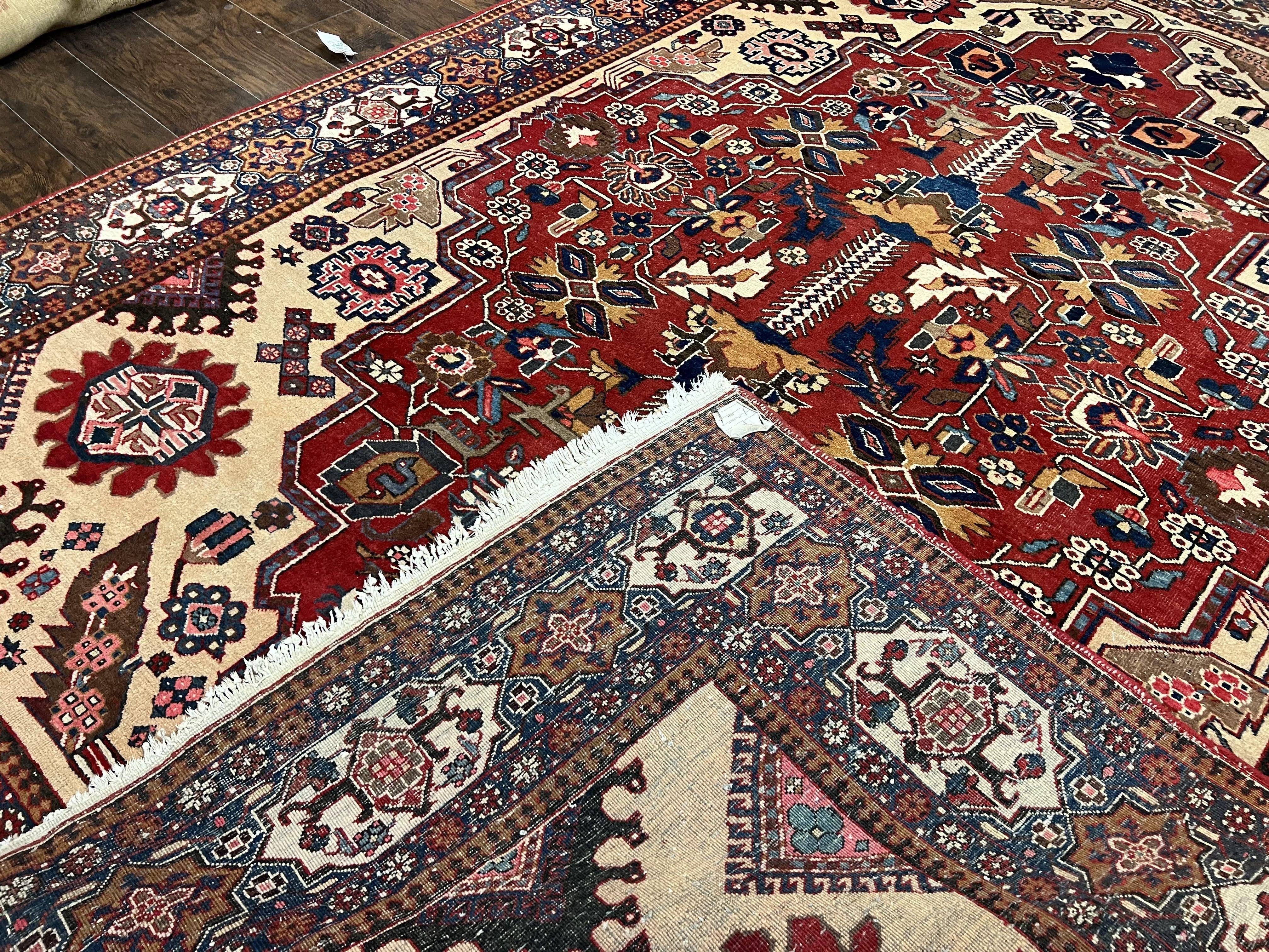 Antique Persian Heriz Rug 8x12 ft, Geometric Tribal Room Sized Carpet, Camel Hair Red Navy Blue, Wool Hand Knotted Medallion Oriental Carpet - Image 10
