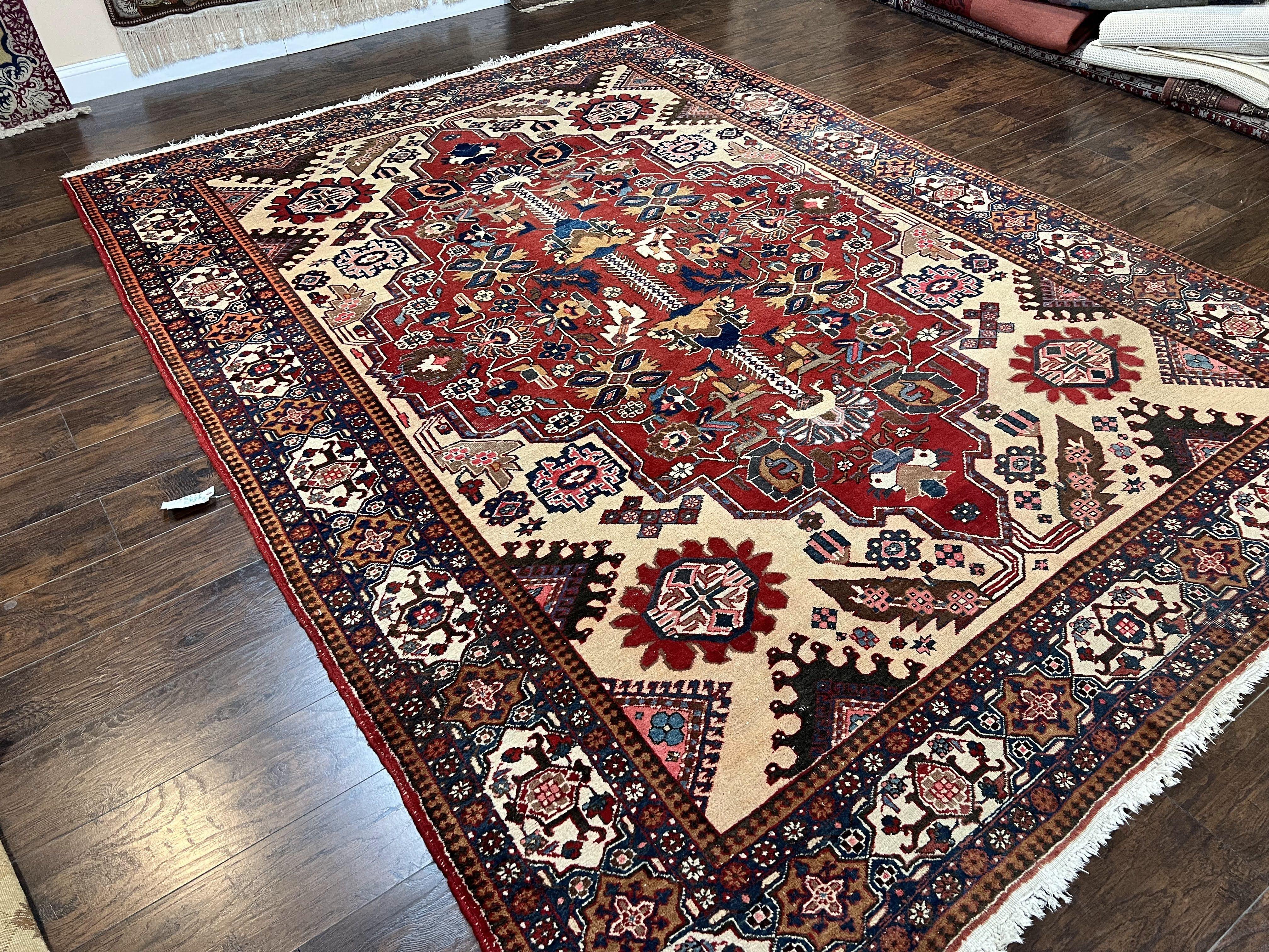 Antique Persian Heriz Rug 8x12 ft, Geometric Tribal Room Sized Carpet, Camel Hair Red Navy Blue, Wool Hand Knotted Medallion Oriental Carpet - Image 12
