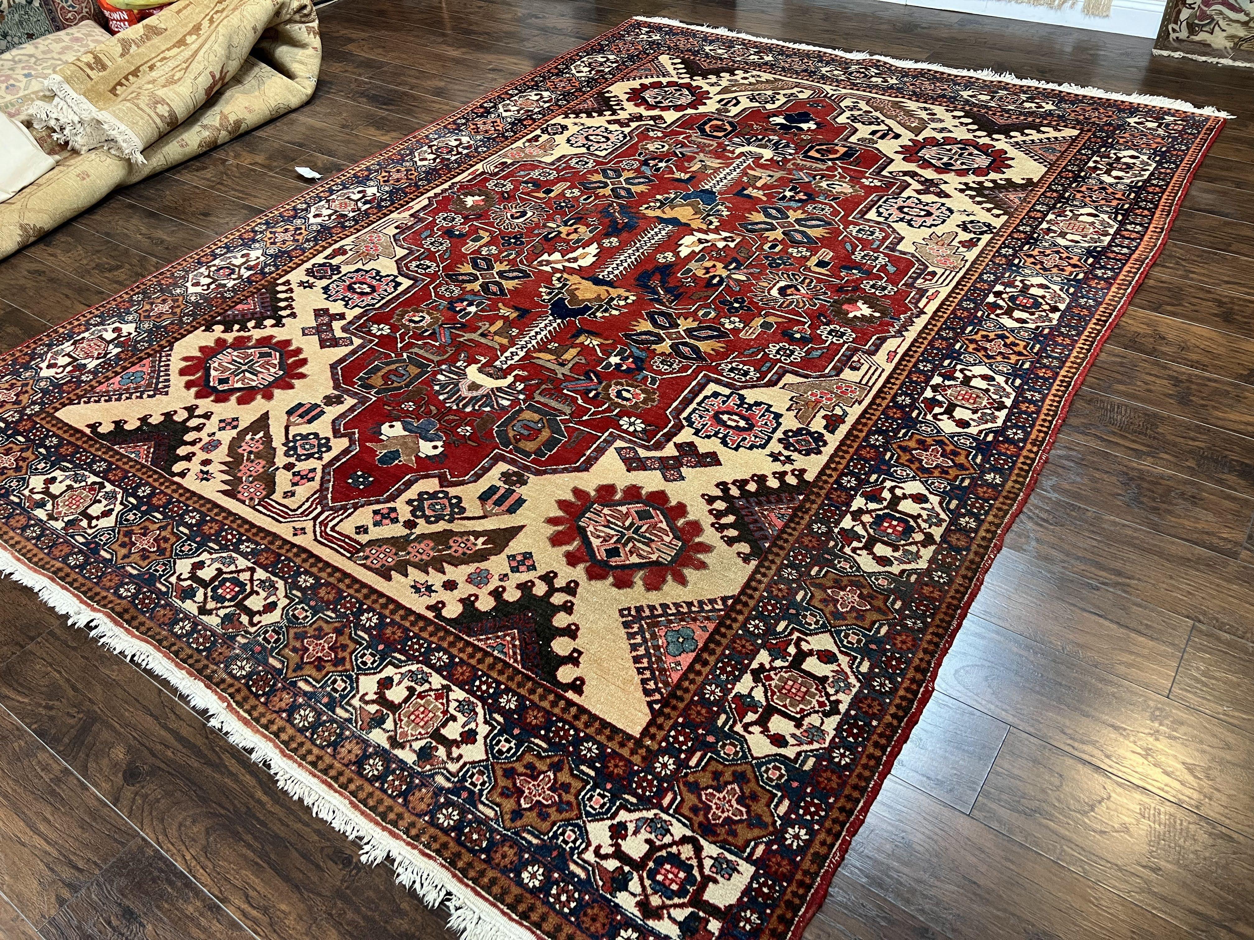 Antique Persian Heriz Rug 8x12 ft, Geometric Tribal Room Sized Carpet, Camel Hair Red Navy Blue, Wool Hand Knotted Medallion Oriental Carpet - Image 2