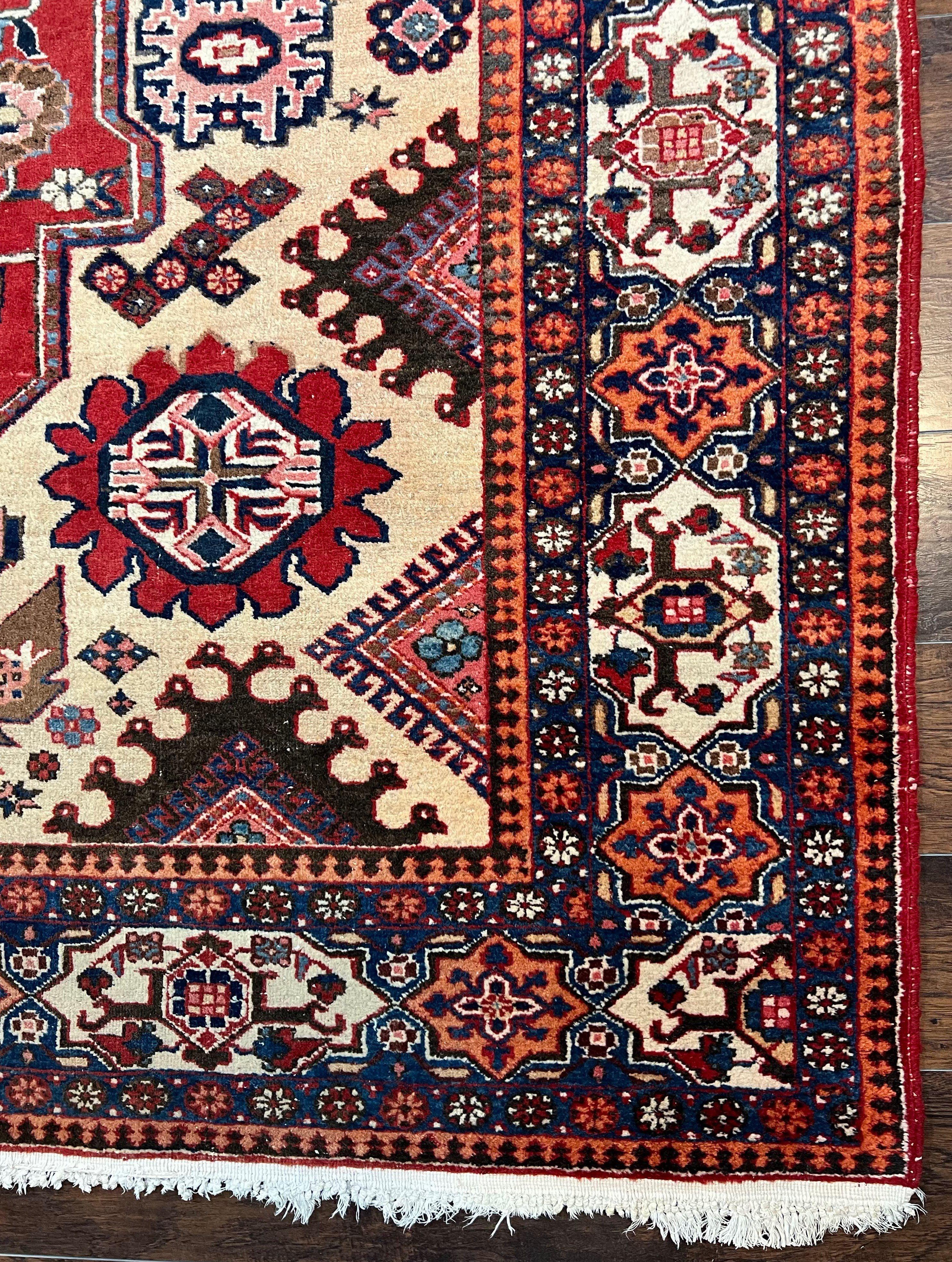 Antique Persian Heriz Rug 8x12 ft, Geometric Tribal Room Sized Carpet, Camel Hair Red Navy Blue, Wool Hand Knotted Medallion Oriental Carpet - Image 9