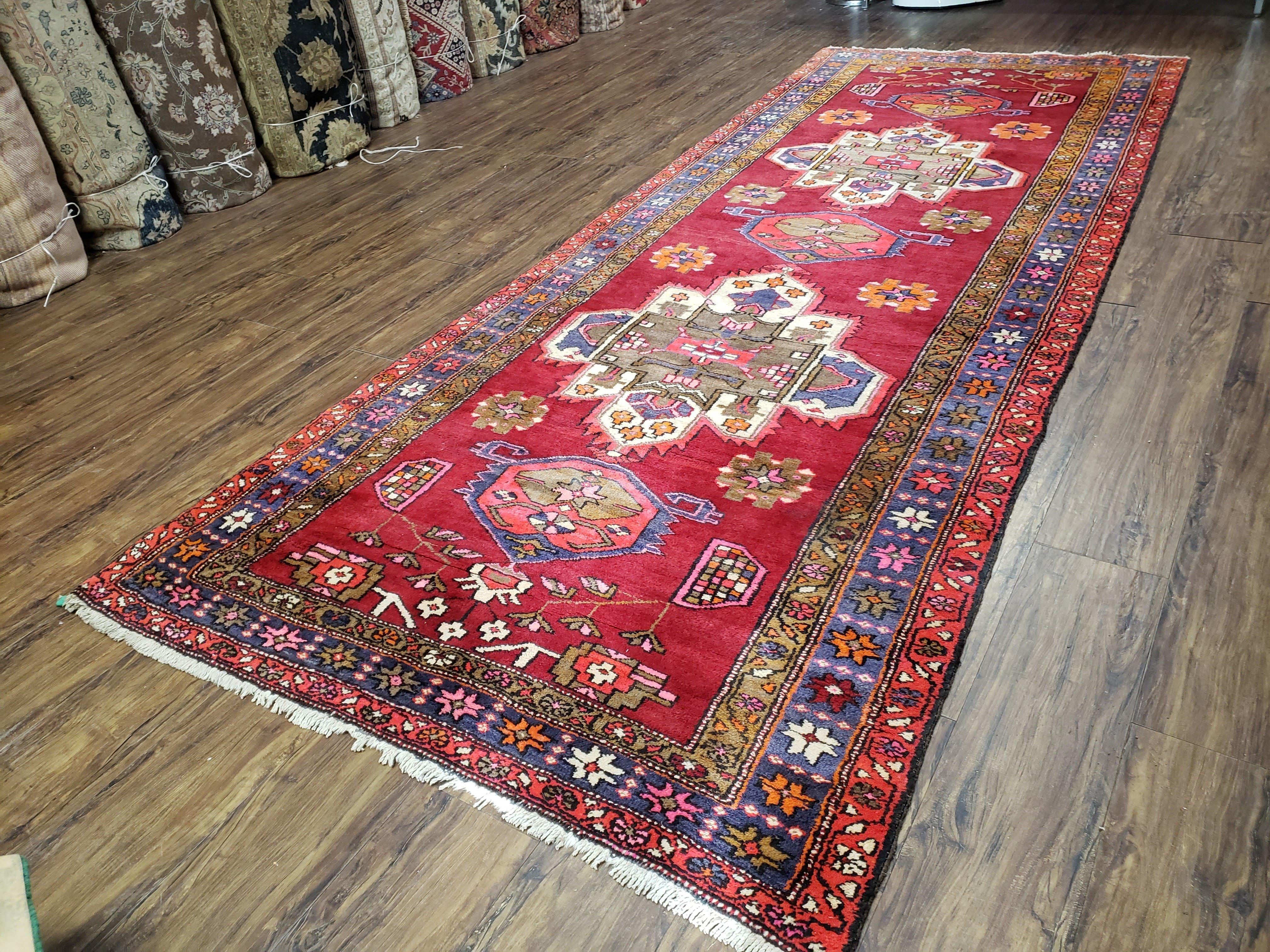 Antique Persian Karajeh Runner Rug 4.4 x 11 ft, Red Colorful Geometric Medallion Runner - Image 11