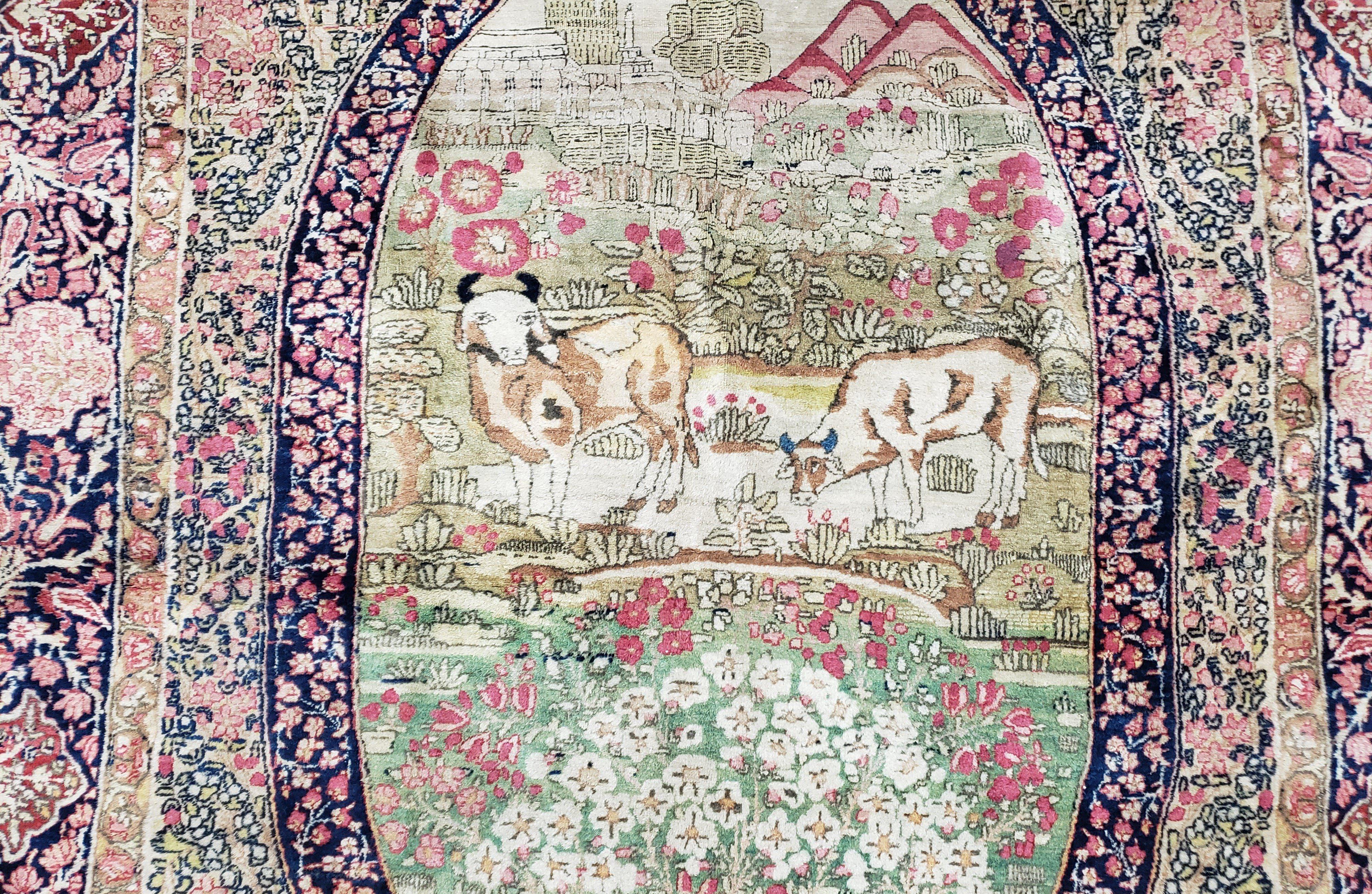 Antique Persian Kerman Lavar Rug 4.4 x 7.5, Highly Collectible Rare, 1880s Rug, Millefleurs, Cows, Wool Hand Knotted, Pictorial - Image 3