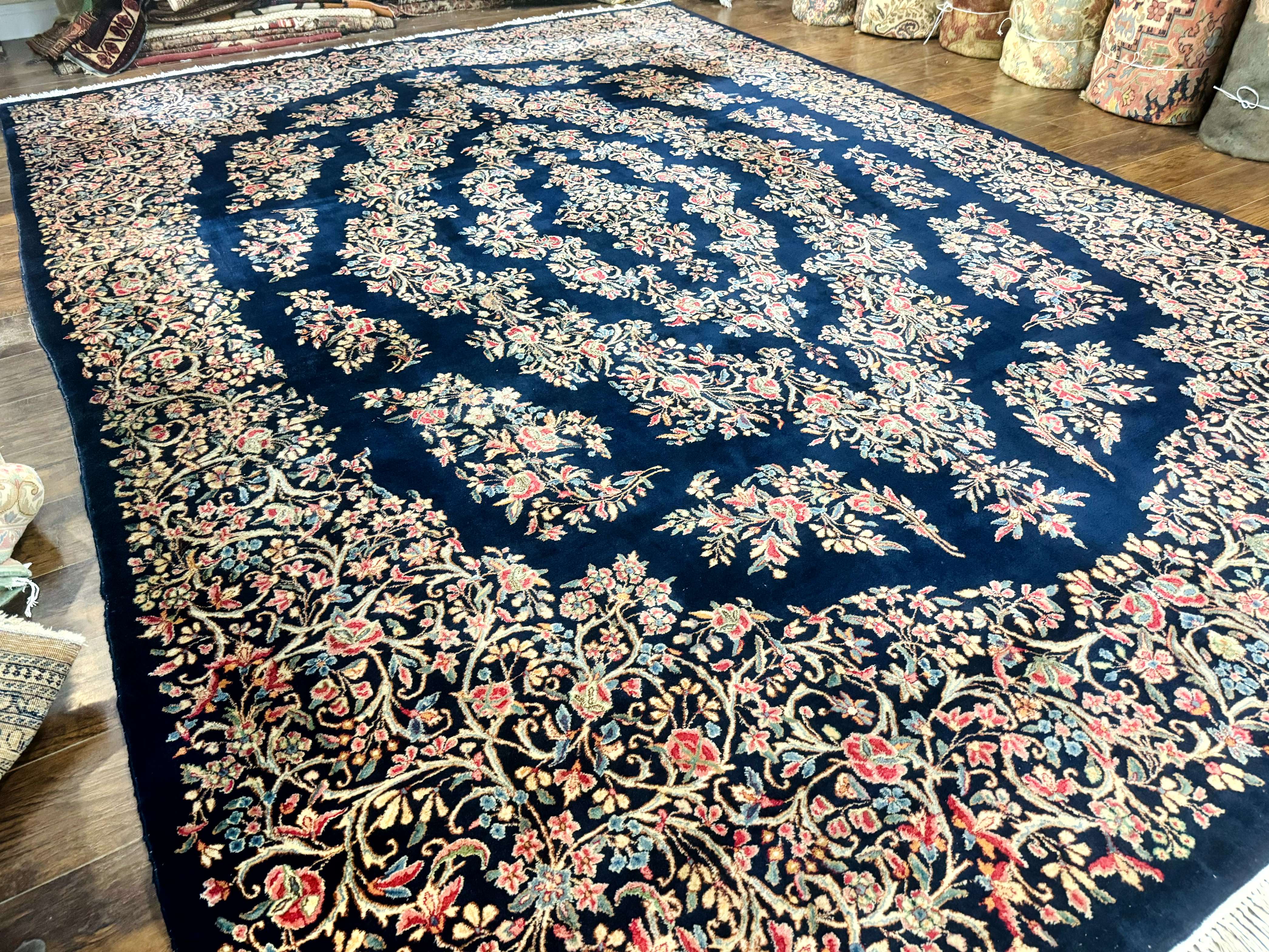 Antique Persian Kerman Rug 10x13, Navy Blue Floral Carpet, Fine 270 KPSI - Image 12