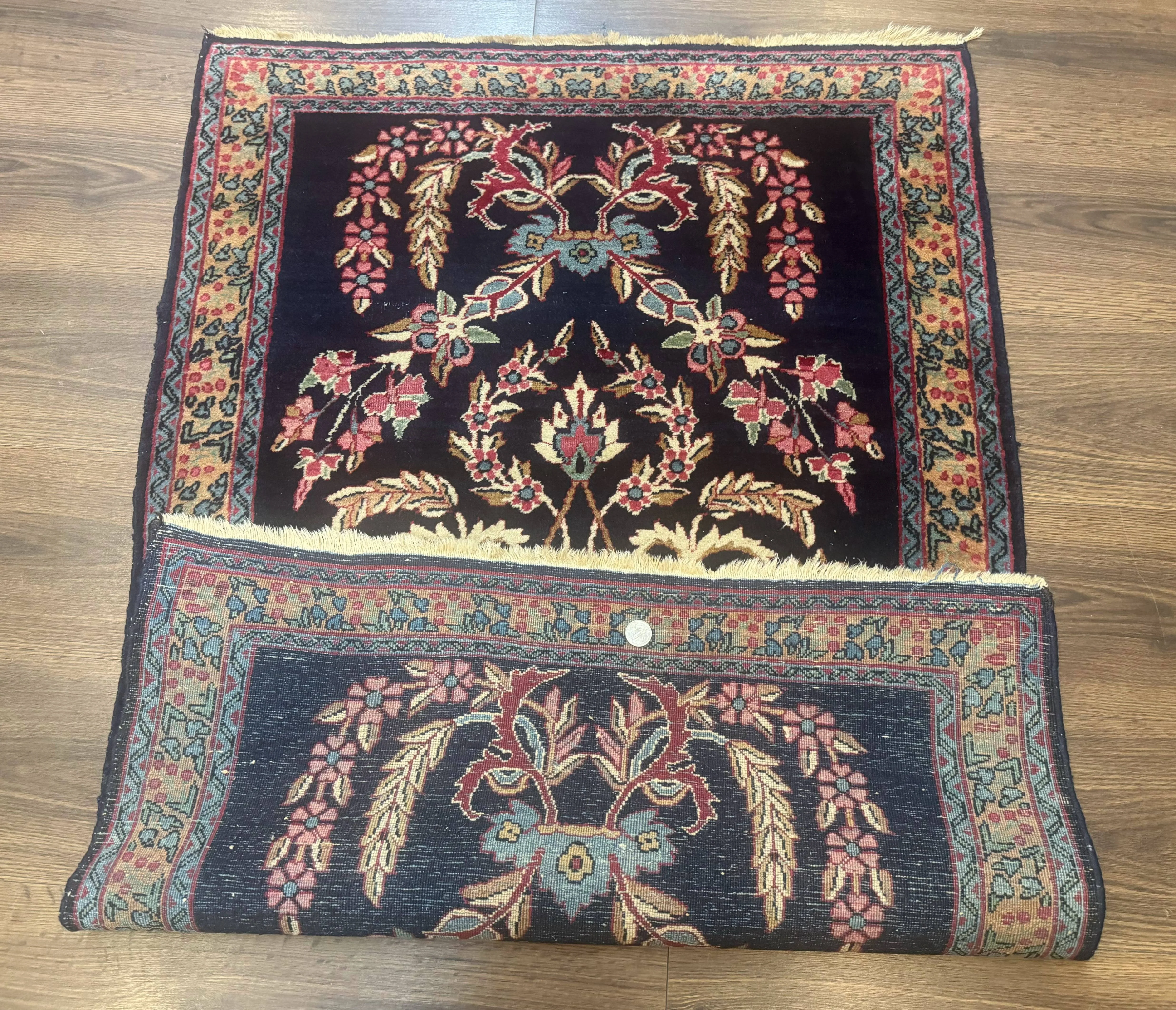 Antique Persian Kerman Rug 2.8 x 4, Navy Blue, Floral - Image 12