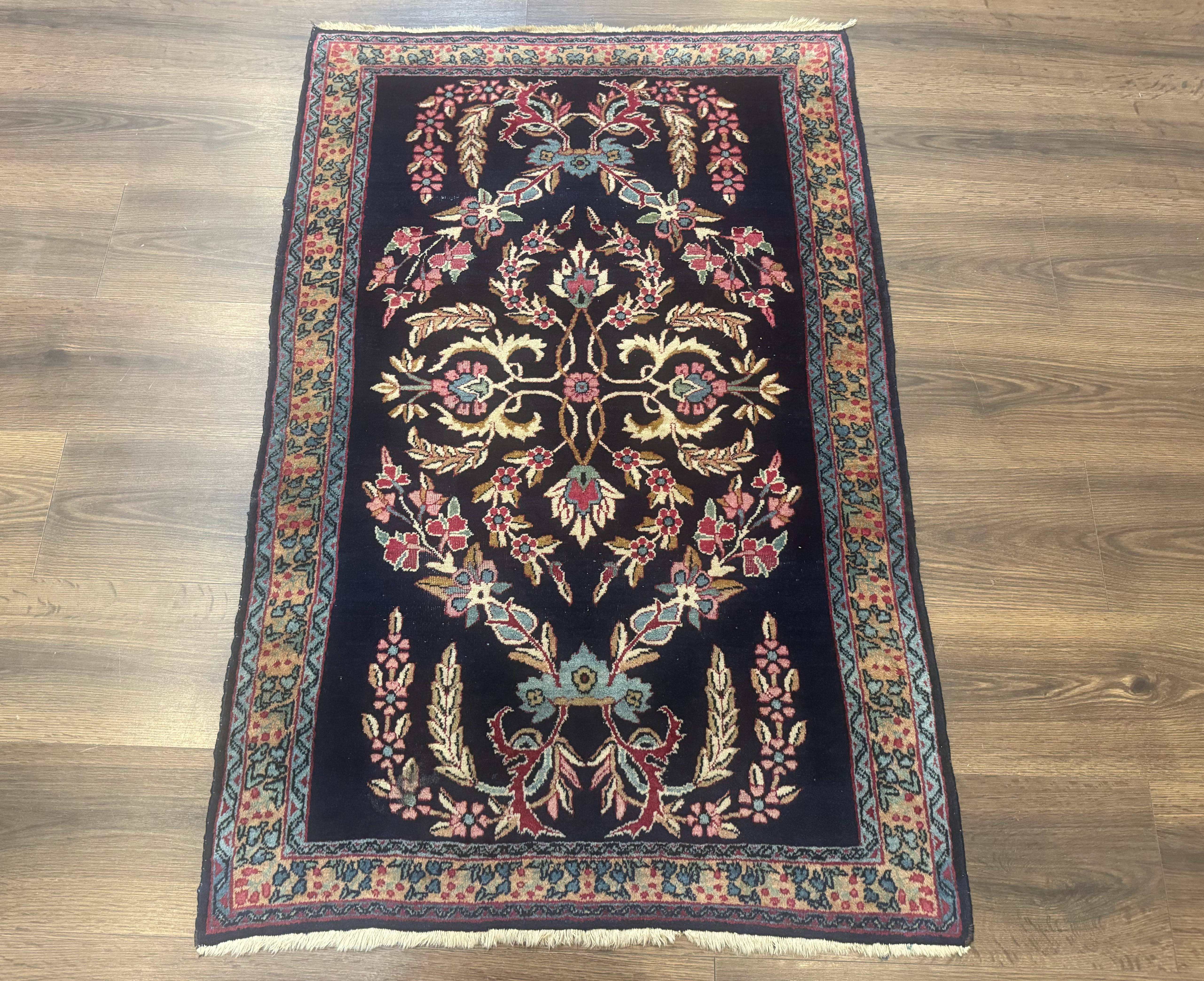 Antique Persian Kerman Rug 2.8 x 4, Navy Blue, Floral - Image 13