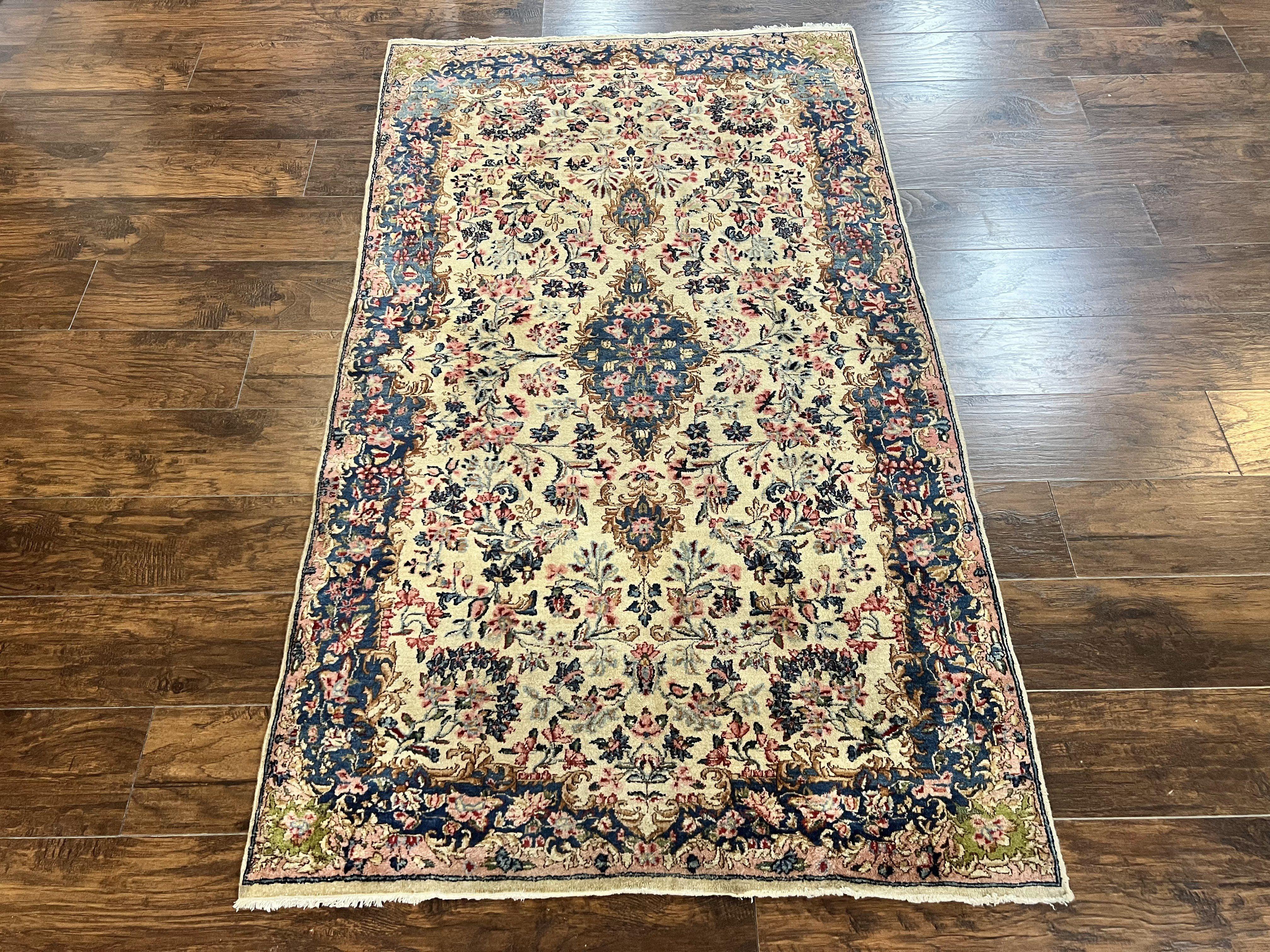 Antique Persian Kirman Rug 4x7, Cream and Navy Blue, Hand Knotted Wool Floral Carpet - Image 12