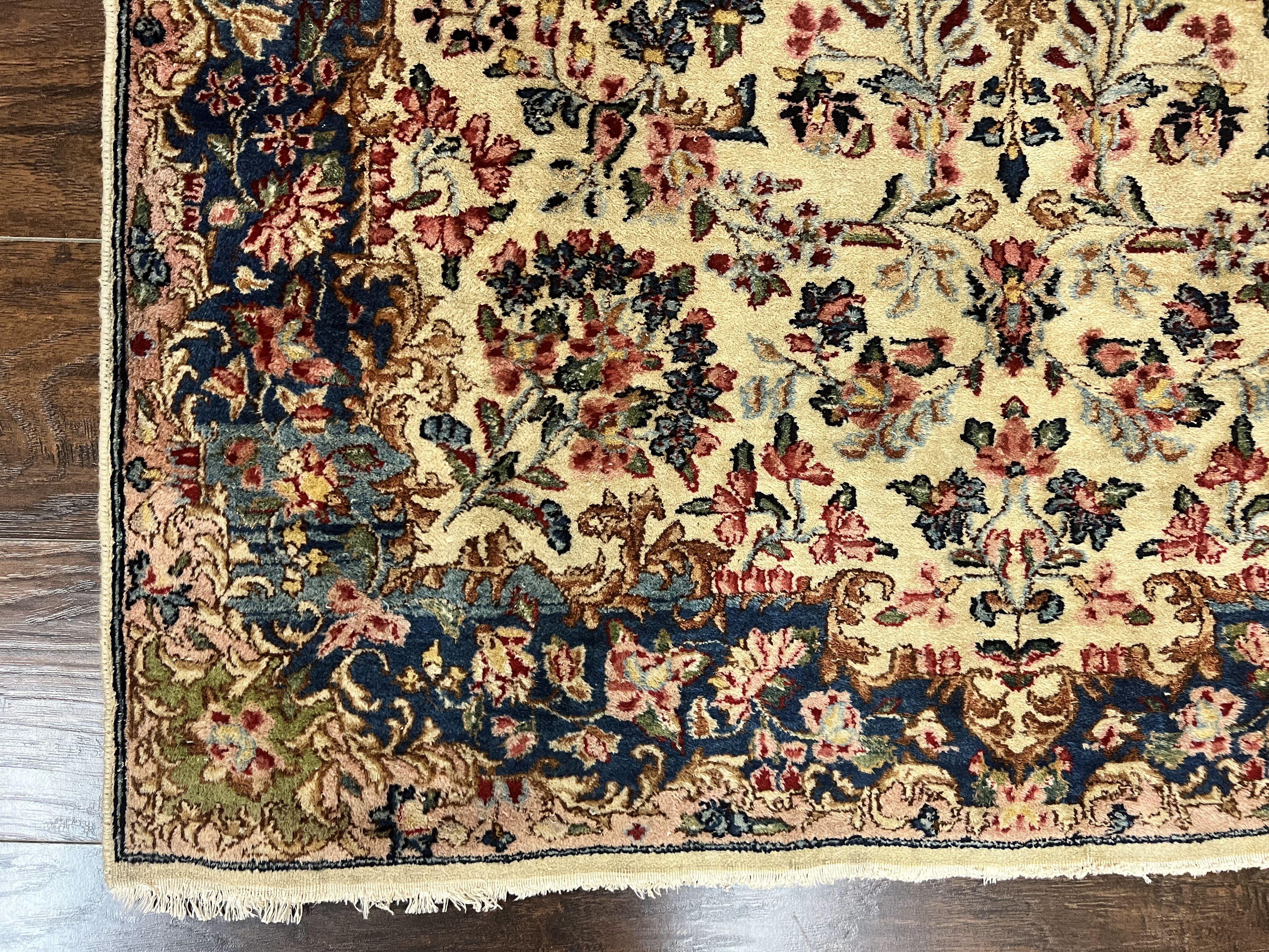 Antique Persian Kirman Rug 4x7, Cream and Navy Blue, Hand Knotted Wool Floral Carpet - Image 8