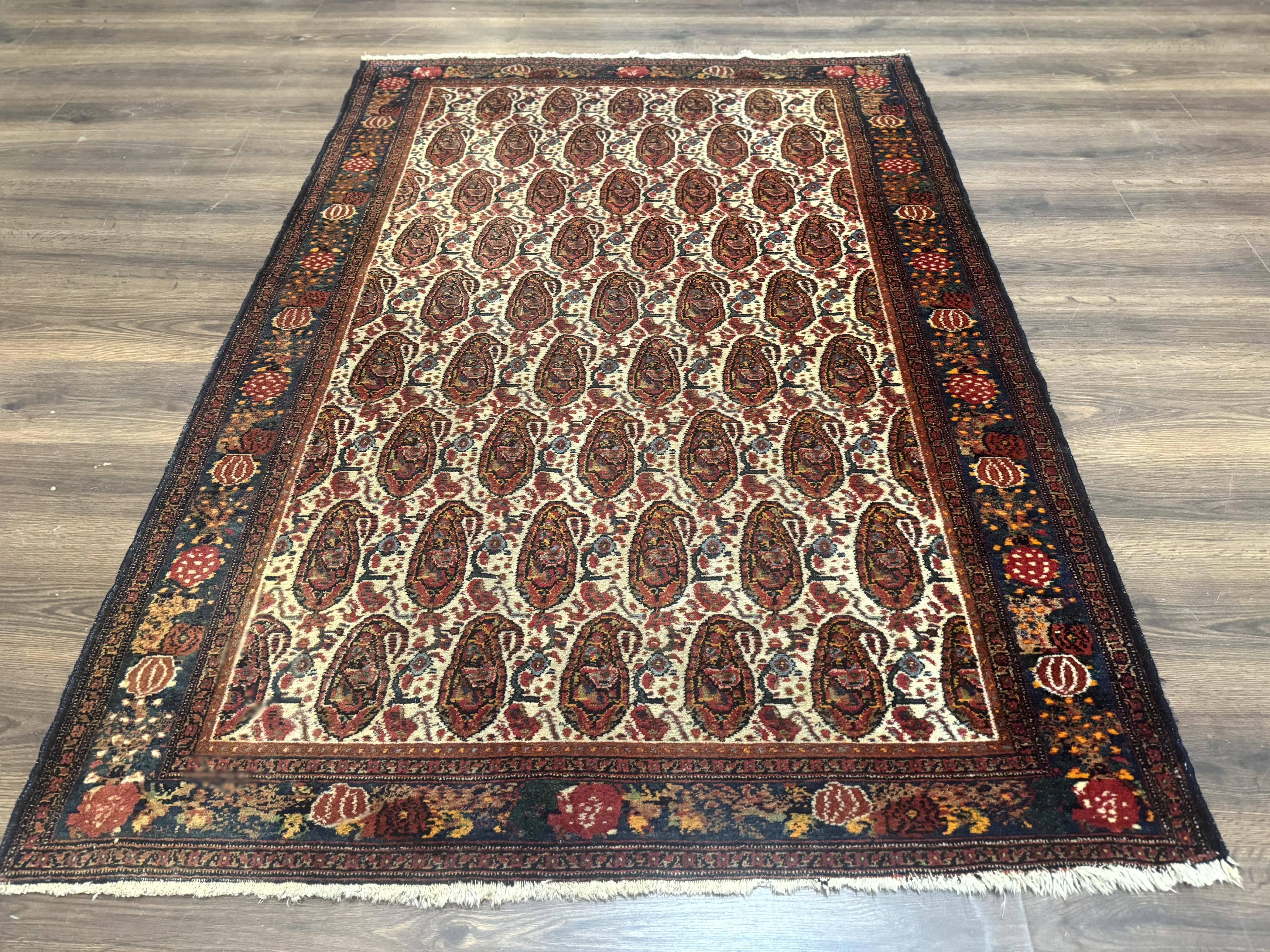 Antique Persian Kurdish Senneh Rug 4.6 x 6.5, Repeated Paisely Boteh Design, Handmade