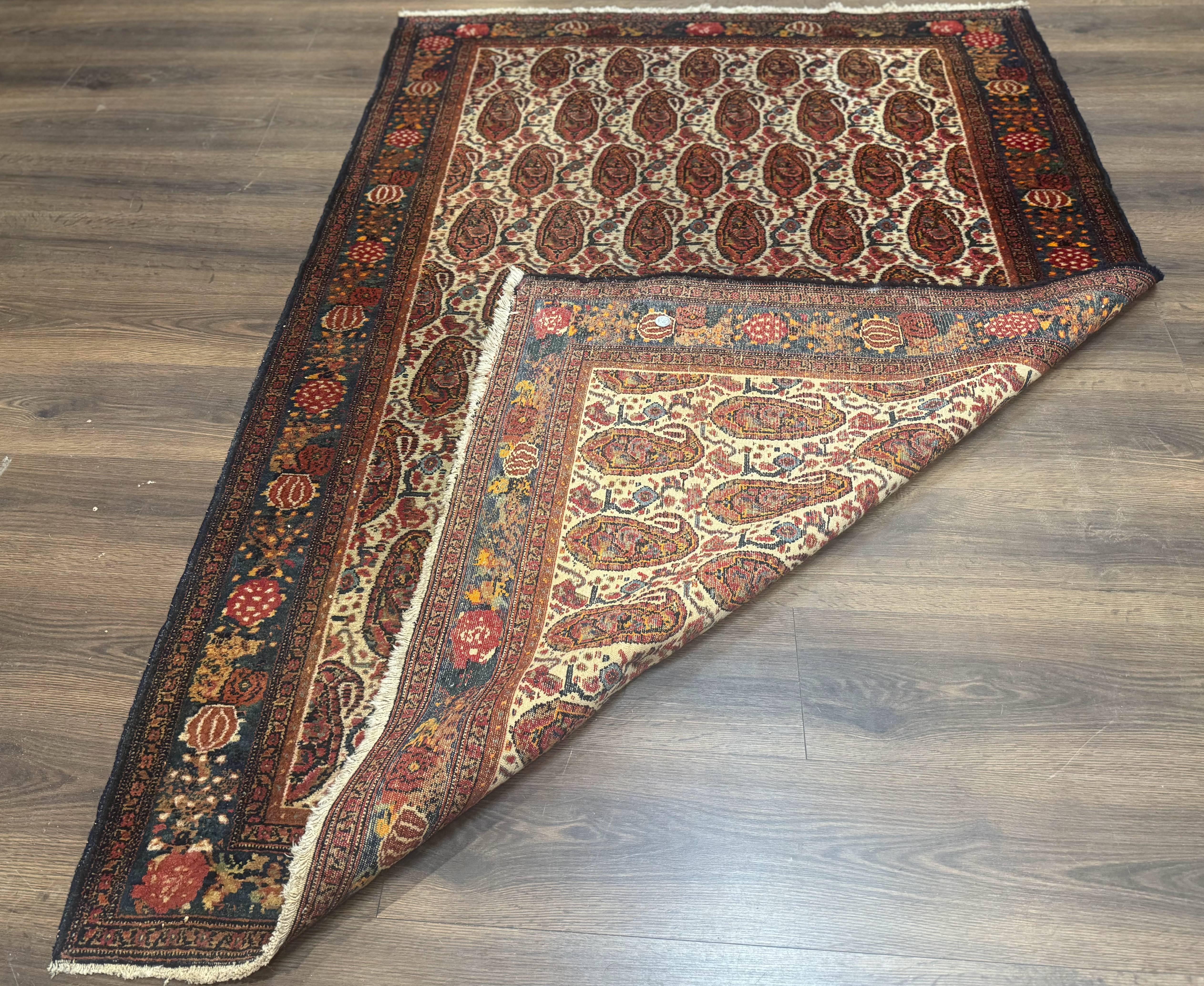 Antique Persian Kurdish Senneh Rug 4.6 x 6.5, Repeated Paisely Boteh Design, Handmade - Image 11