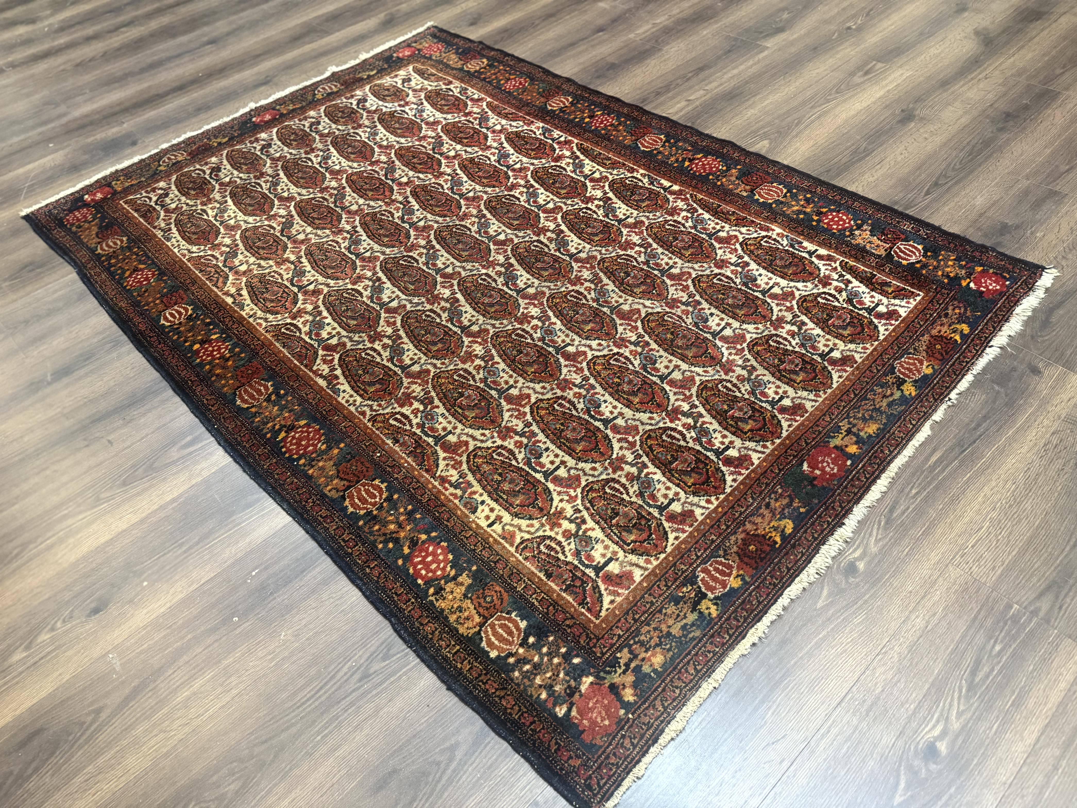 Antique Persian Kurdish Senneh Rug 4.6 x 6.5, Repeated Paisely Boteh Design, Handmade - Image 12